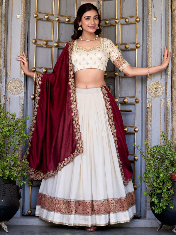 Lovable Off-White Zari Weaving Vichitra Silk Traditional Lehenga Choli - Zeel Clothing