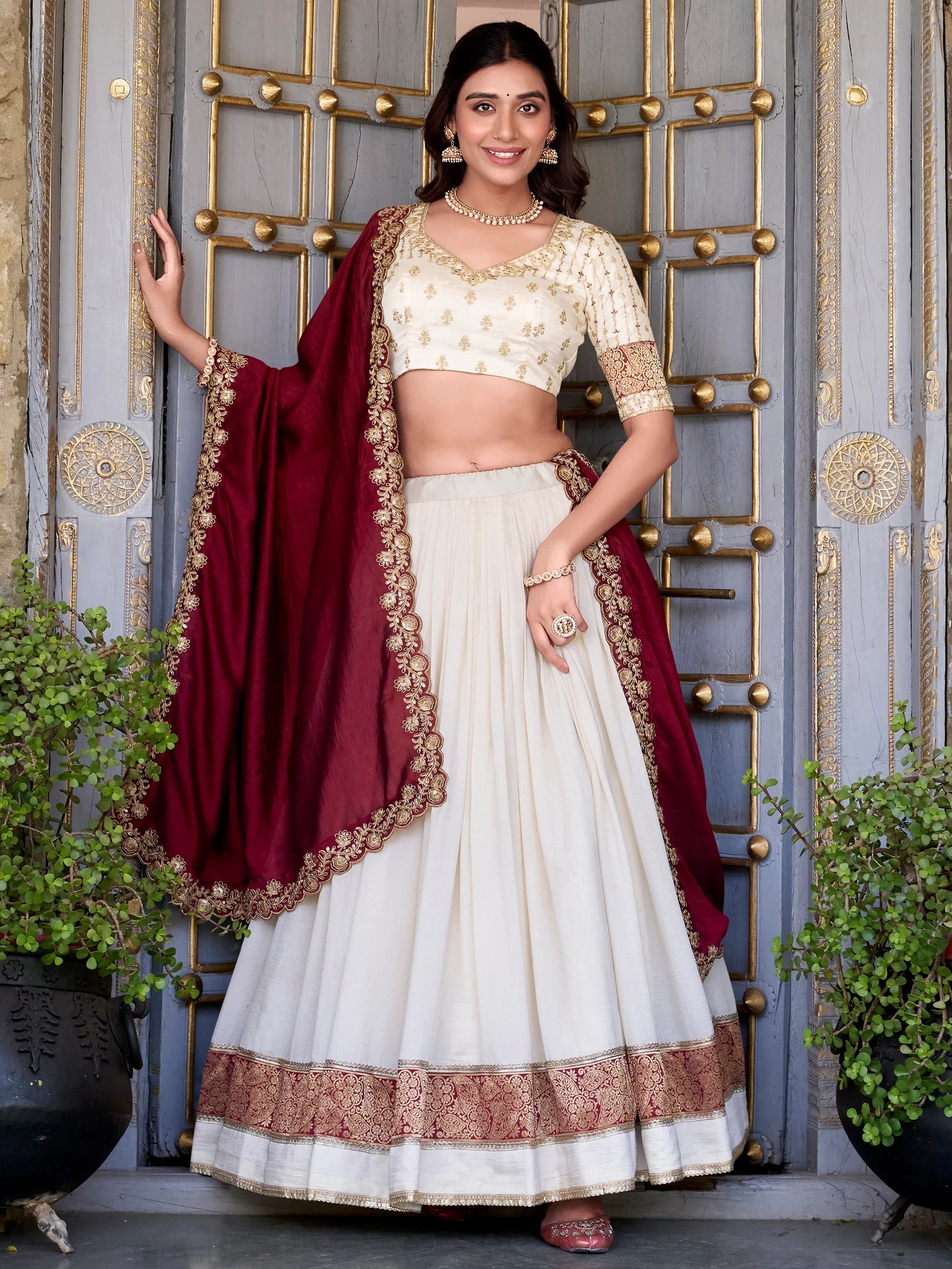 Lovable Off-White Zari Weaving Vichitra Silk Traditional Lehenga Choli - Zeel Clothing