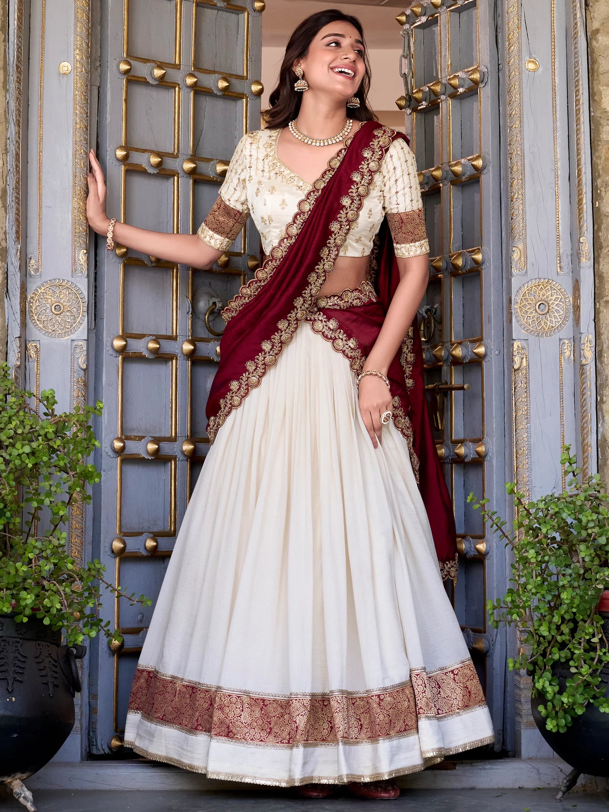 Lovable Off-White Zari Weaving Vichitra Silk Traditional Lehenga Choli - Zeel Clothing