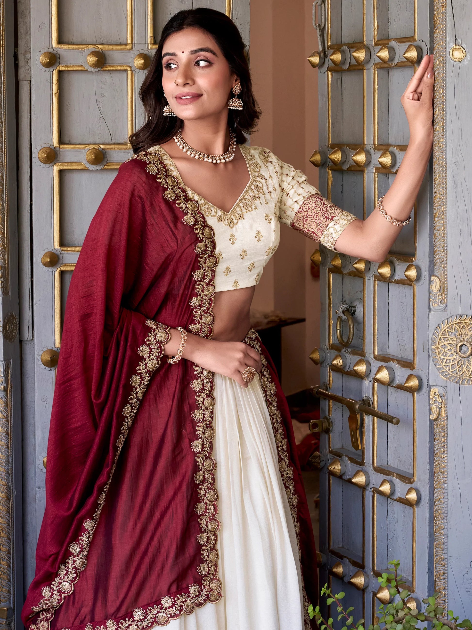 Lovable Off-White Zari Weaving Vichitra Silk Traditional Lehenga Choli - Zeel Clothing