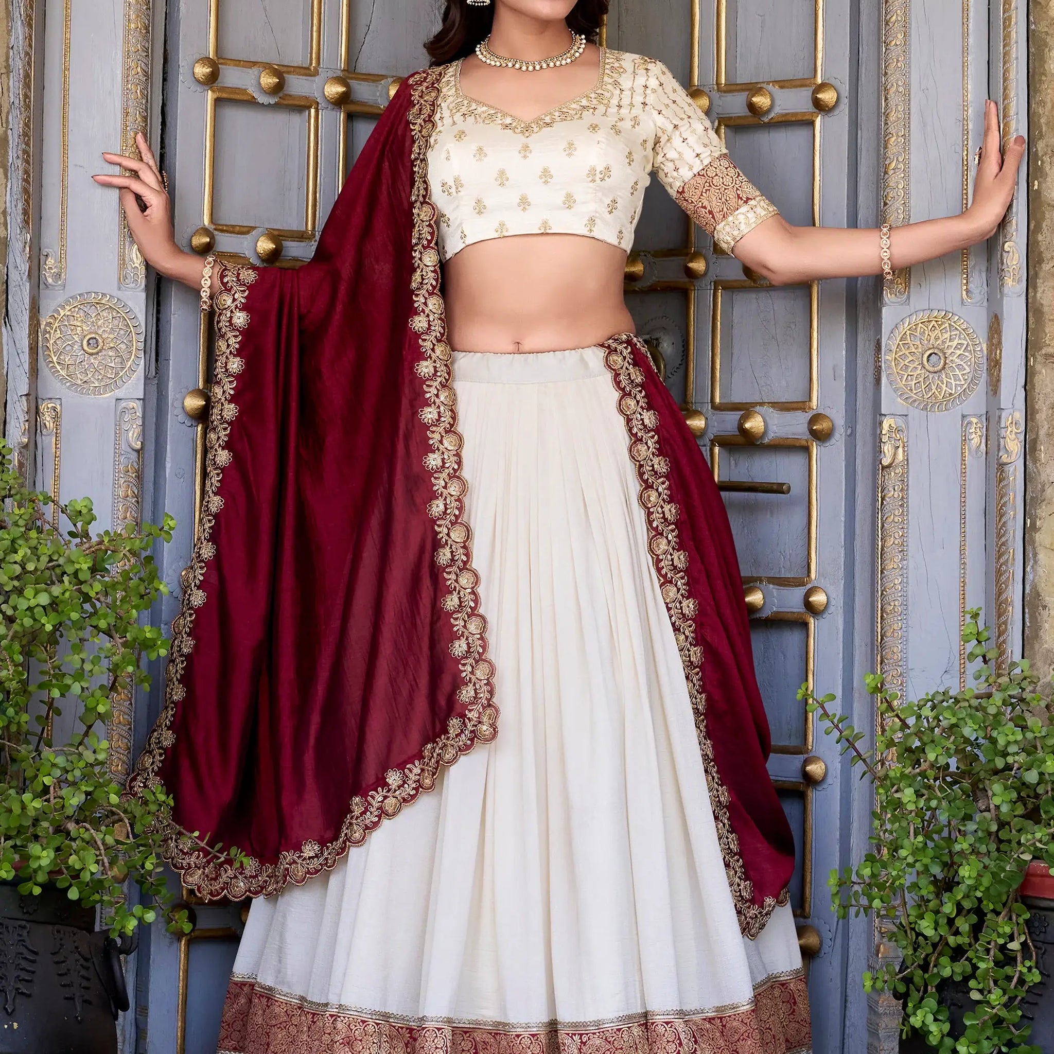 Lovable Off-White Zari Weaving Vichitra Silk Traditional Lehenga Choli - Zeel Clothing