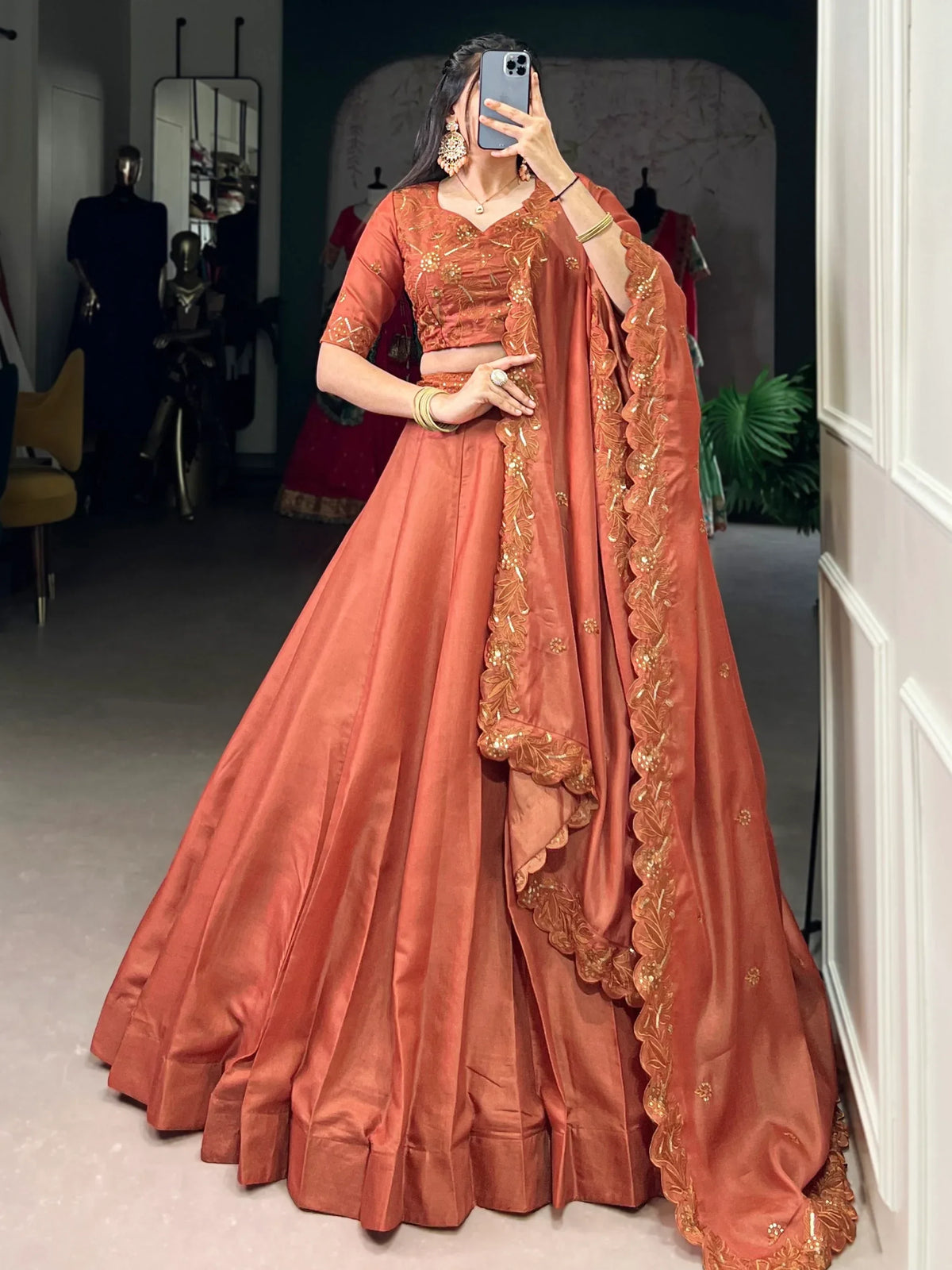 Lovable Orange Thread Embroidered Tussar Silk Lehenga With Blouse - Zeel Clothing