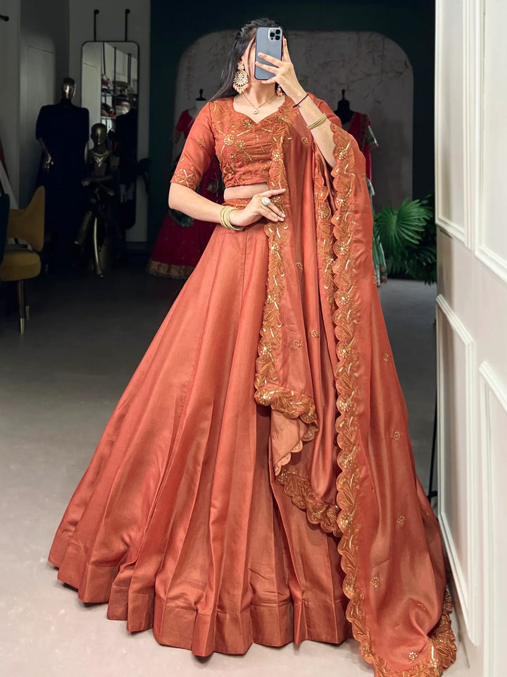 Lovable Orange Thread Embroidered Tussar Silk Lehenga With Blouse - Zeel Clothing