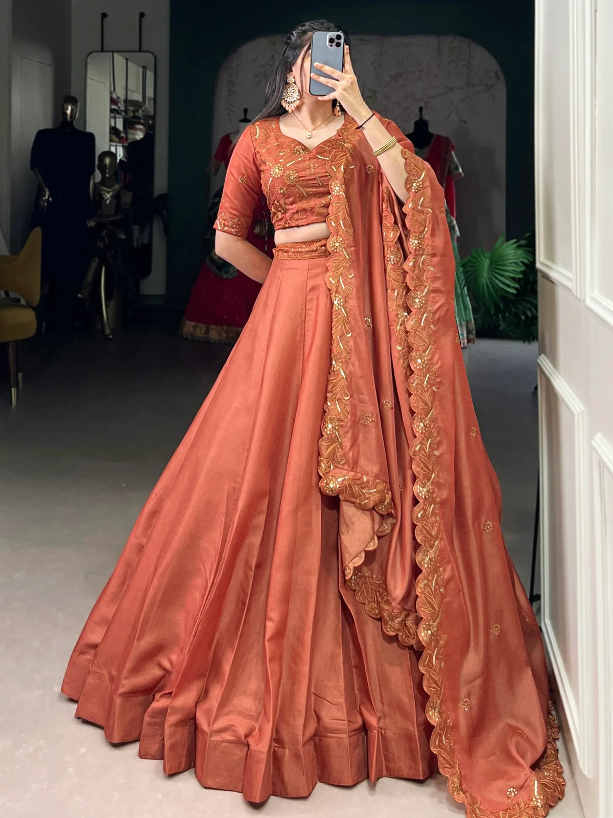 Lovable Orange Thread Embroidered Tussar Silk Lehenga With Blouse - Zeel Clothing