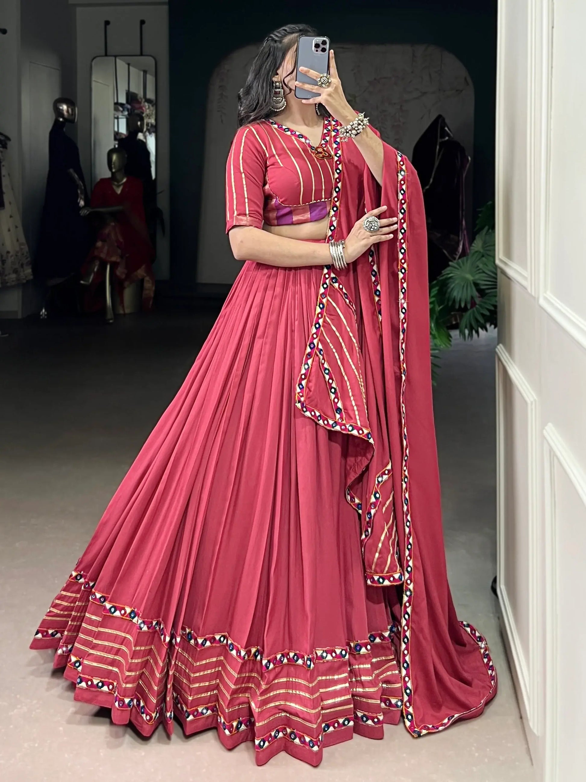 Lovable Pink Gamthi Work Rayon Navratri Special Lehenga Choli With Dupatta - Zeel Clothing