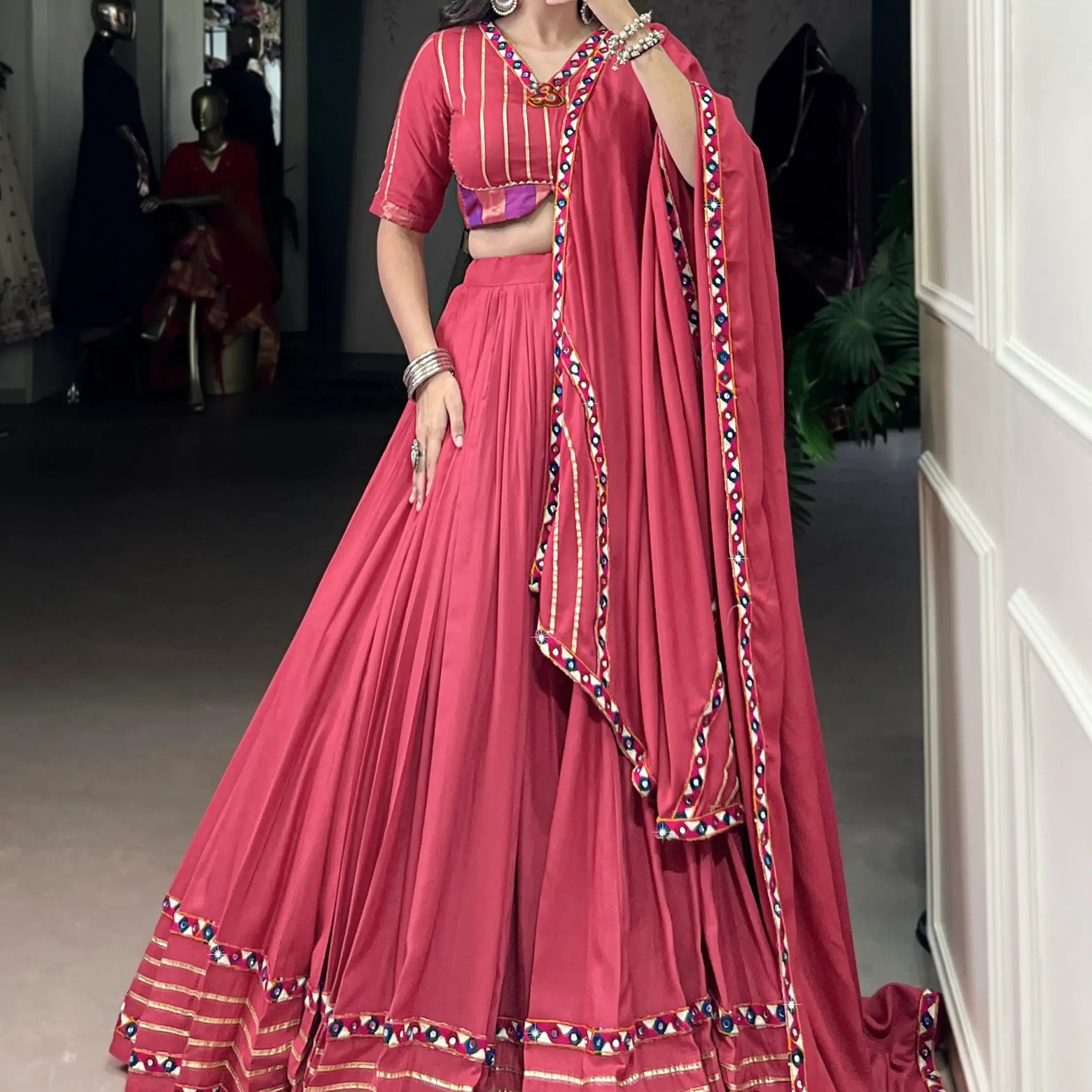 Lovable Pink Gamthi Work Rayon Navratri Special Lehenga Choli With Dupatta - Zeel Clothing