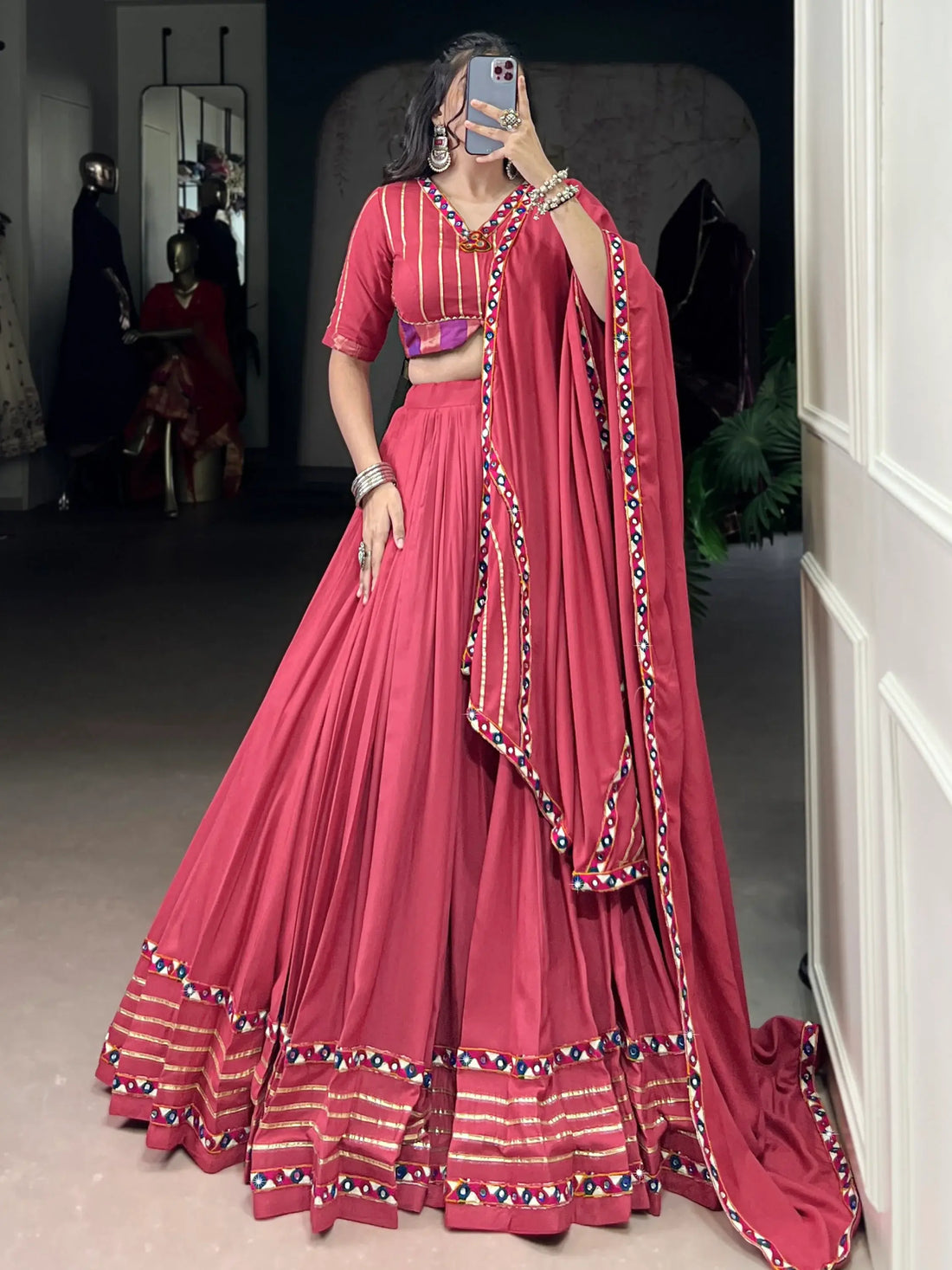 Lovable Pink Gamthi Work Rayon Navratri Special Lehenga Choli With Dupatta - Zeel Clothing