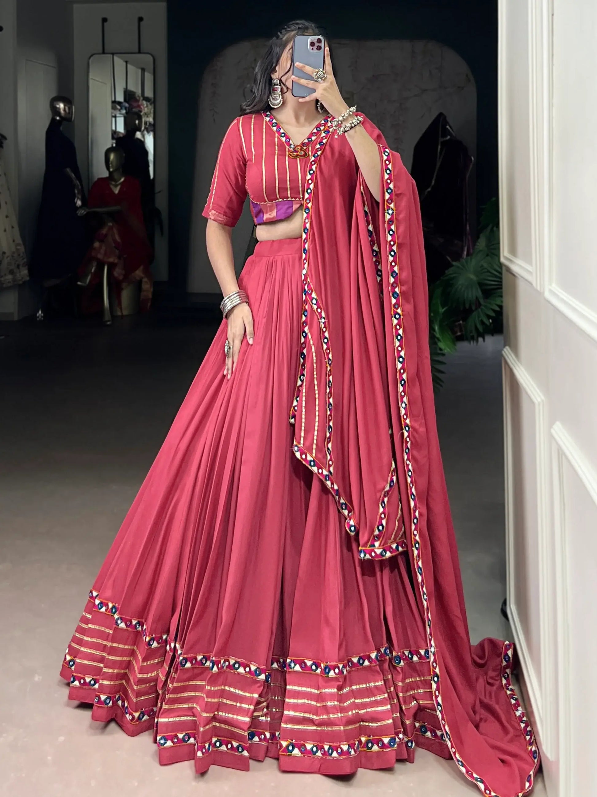 Lovable Pink Gamthi Work Rayon Navratri Special Lehenga Choli With Dupatta - Zeel Clothing