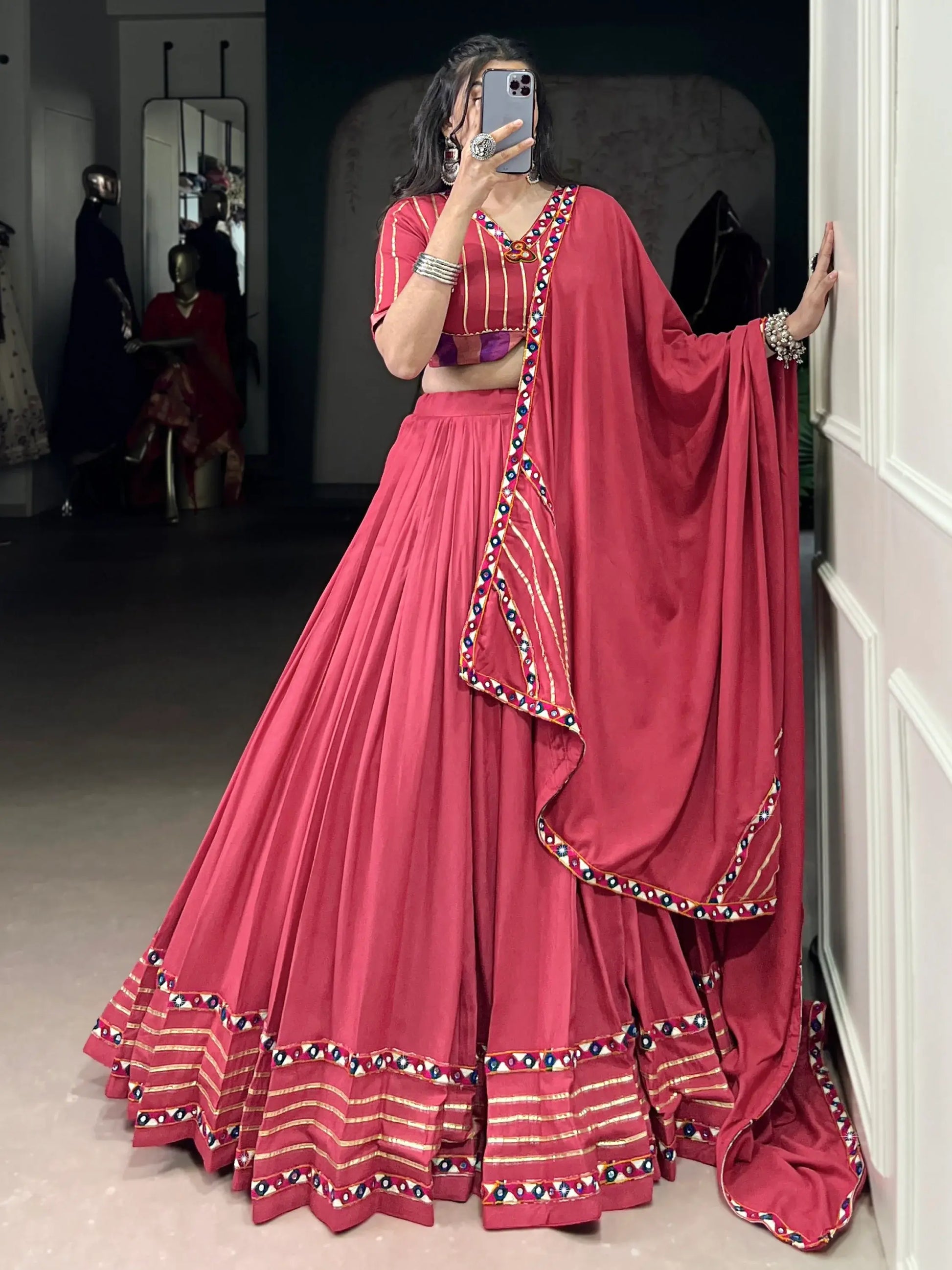 Lovable Pink Gamthi Work Rayon Navratri Special Lehenga Choli With Dupatta - Zeel Clothing