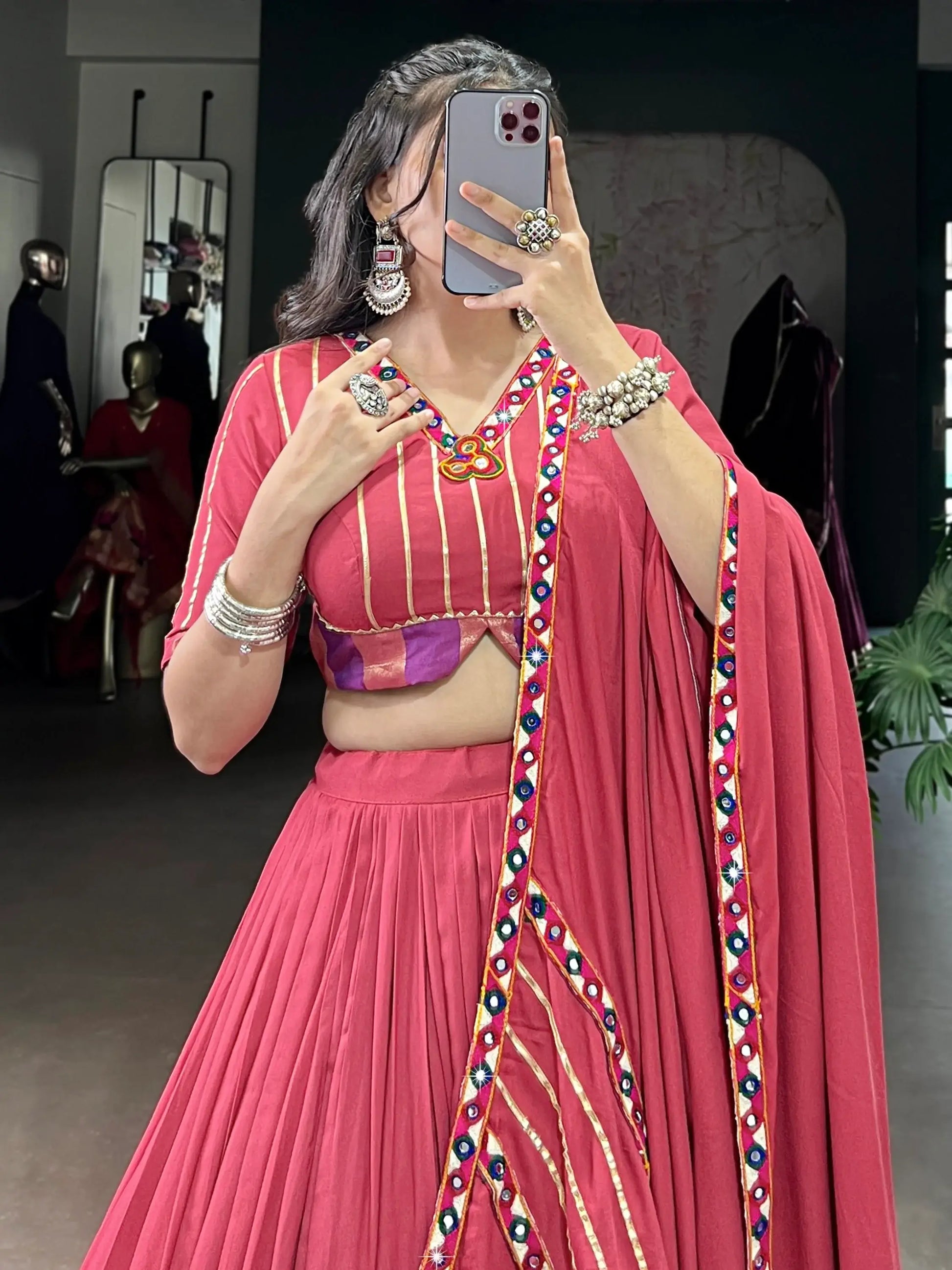 Lovable Pink Gamthi Work Rayon Navratri Special Lehenga Choli With Dupatta - Zeel Clothing