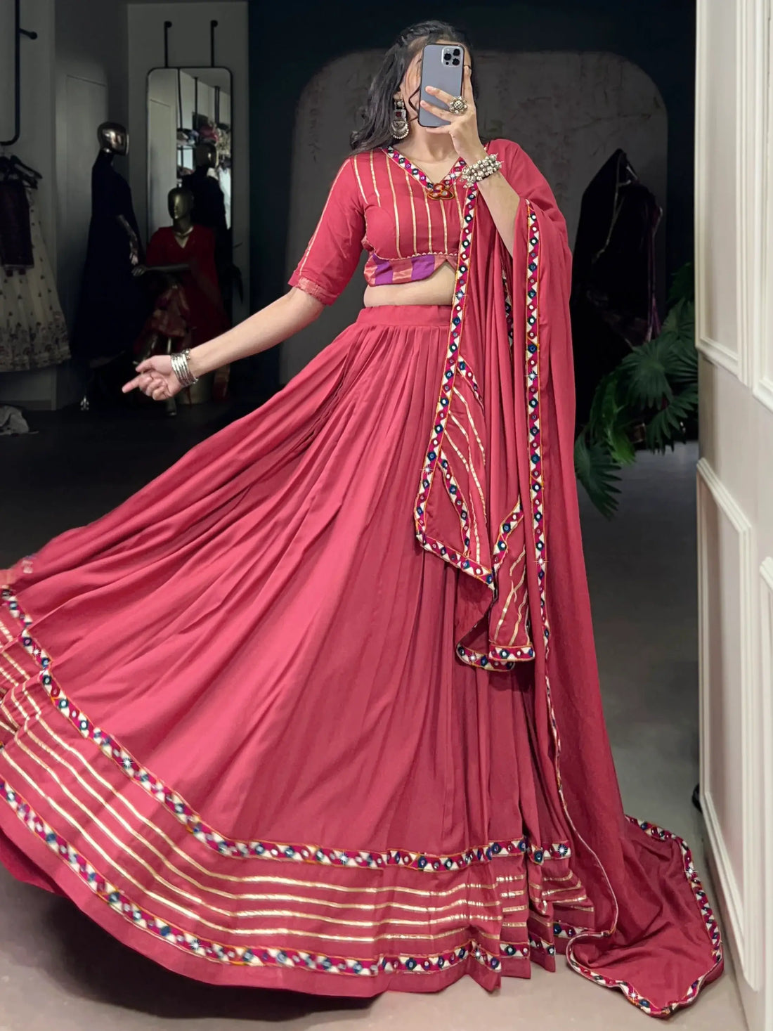Lovable Pink Gamthi Work Rayon Navratri Special Lehenga Choli With Dupatta - Zeel Clothing