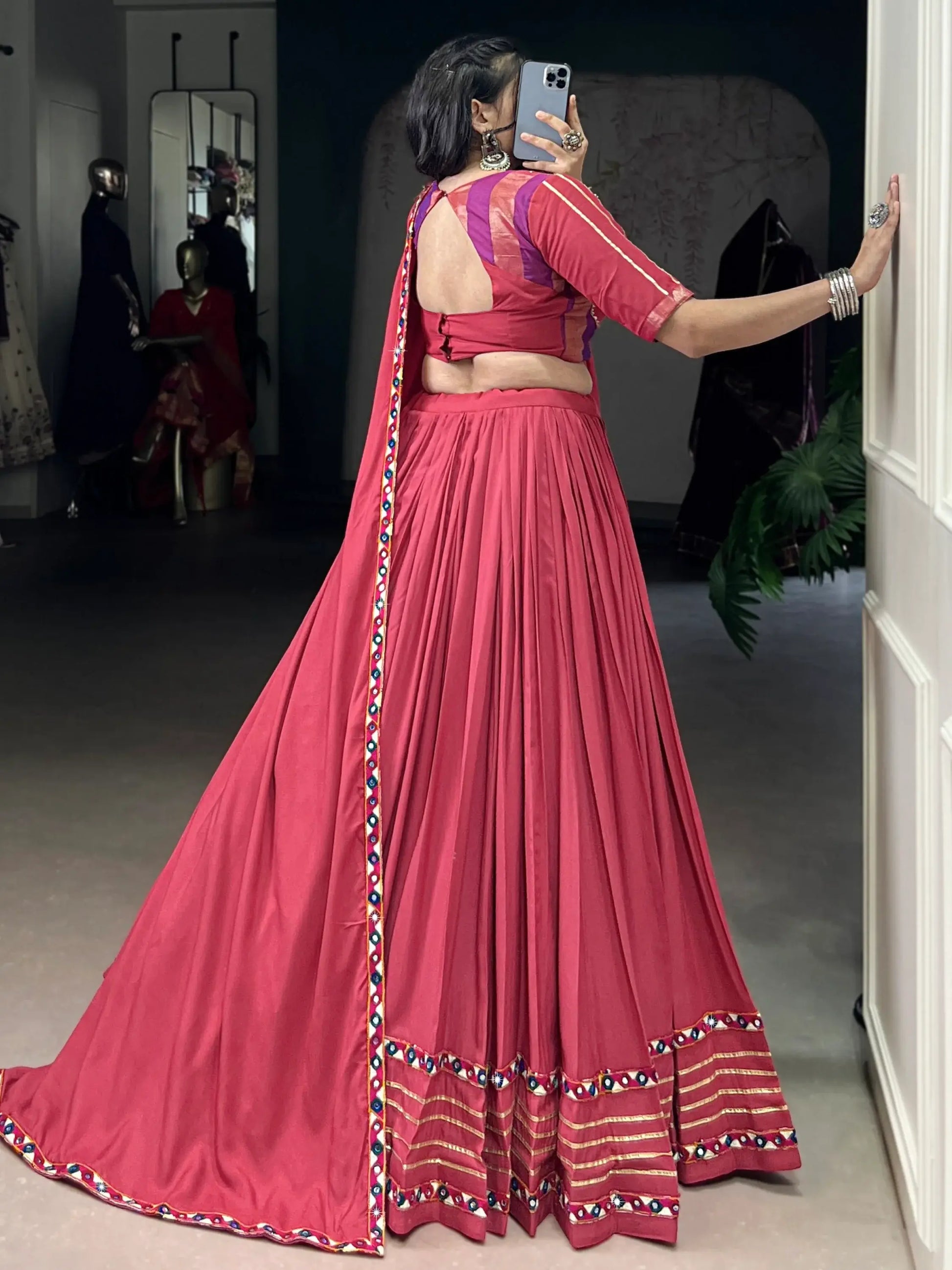 Lovable Pink Gamthi Work Rayon Navratri Special Lehenga Choli With Dupatta - Zeel Clothing