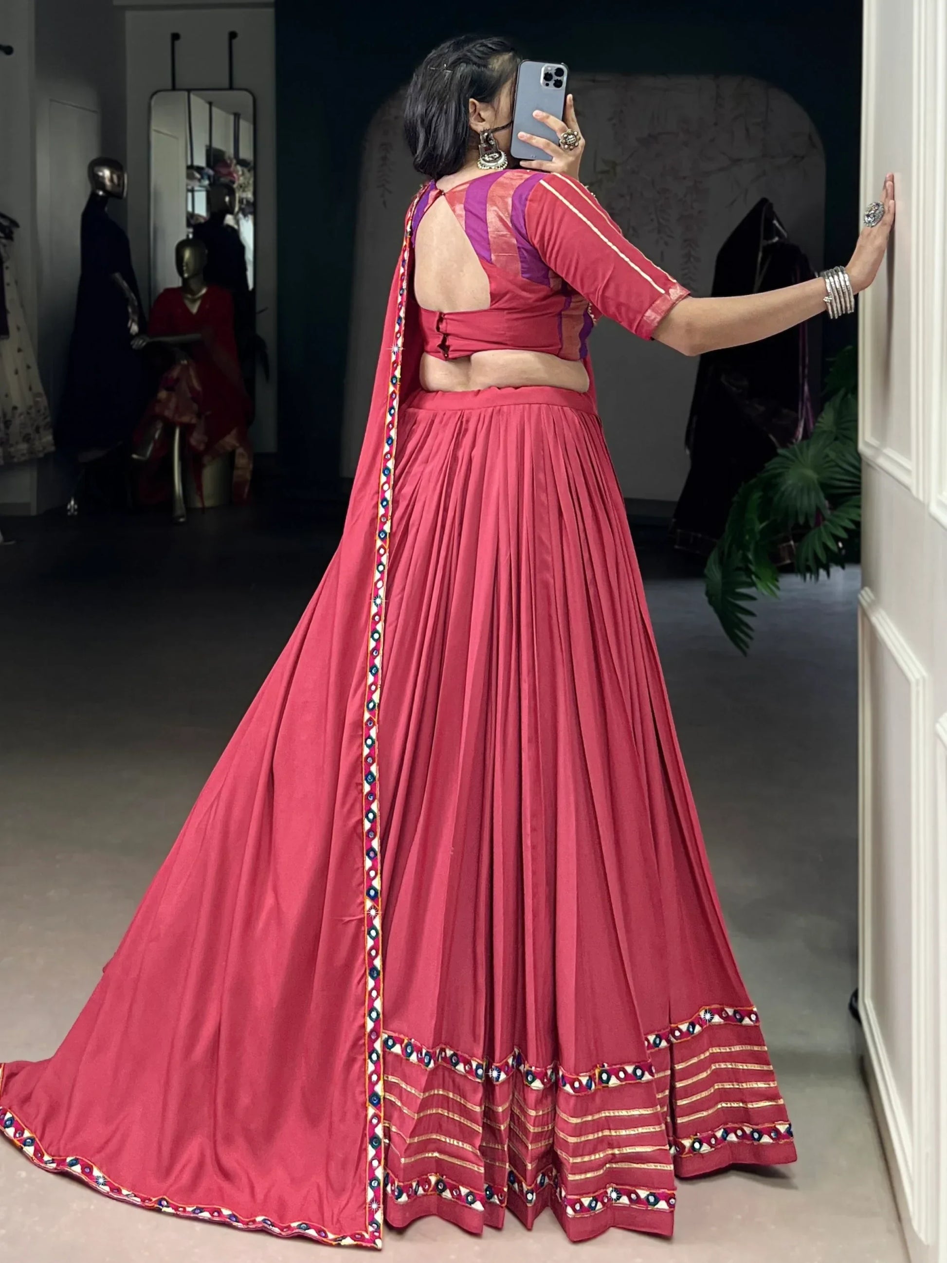 Lovable Pink Gamthi Work Rayon Navratri Special Lehenga Choli With Dupatta - Zeel Clothing