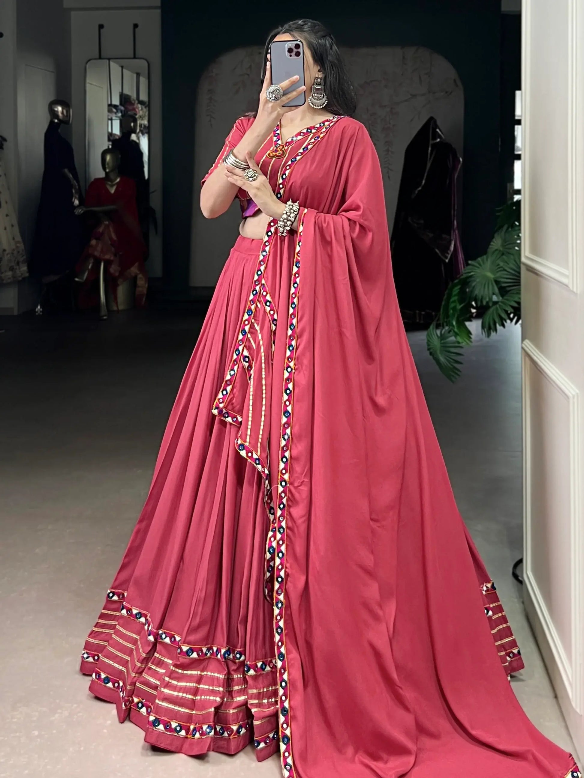 Lovable Pink Gamthi Work Rayon Navratri Special Lehenga Choli With Dupatta - Zeel Clothing