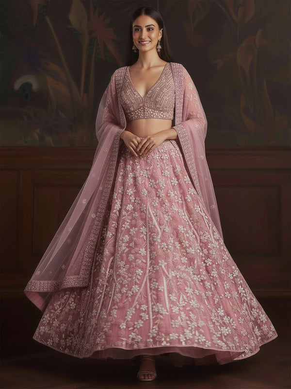 Lovable Pink Heavy Embroidered Net Engagement Wear Lehenga With Blouse