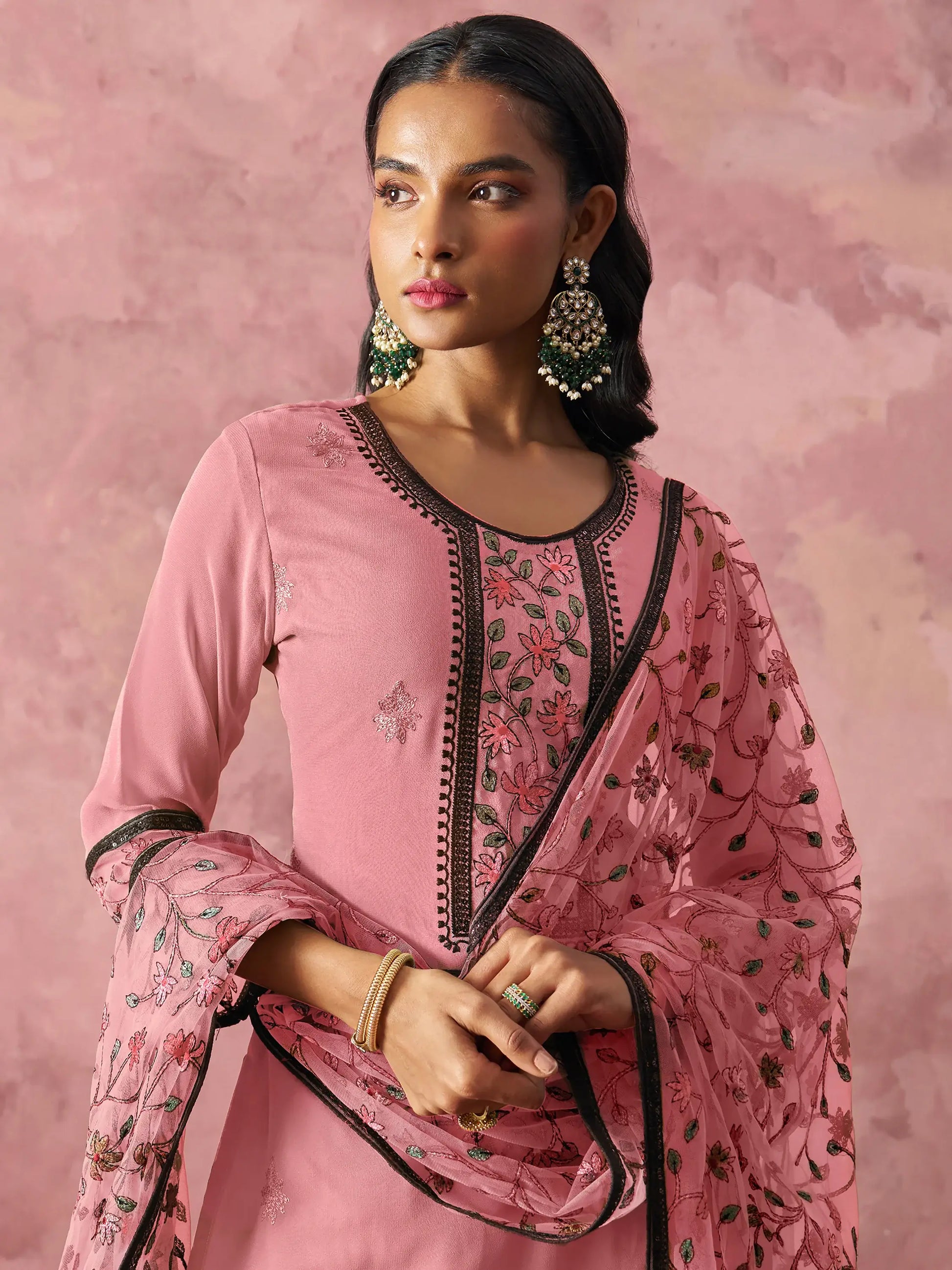 Lovable Pink Thread Work Georgette Casual Wear Pant Suit With Dupatta - Zeel Clothing
