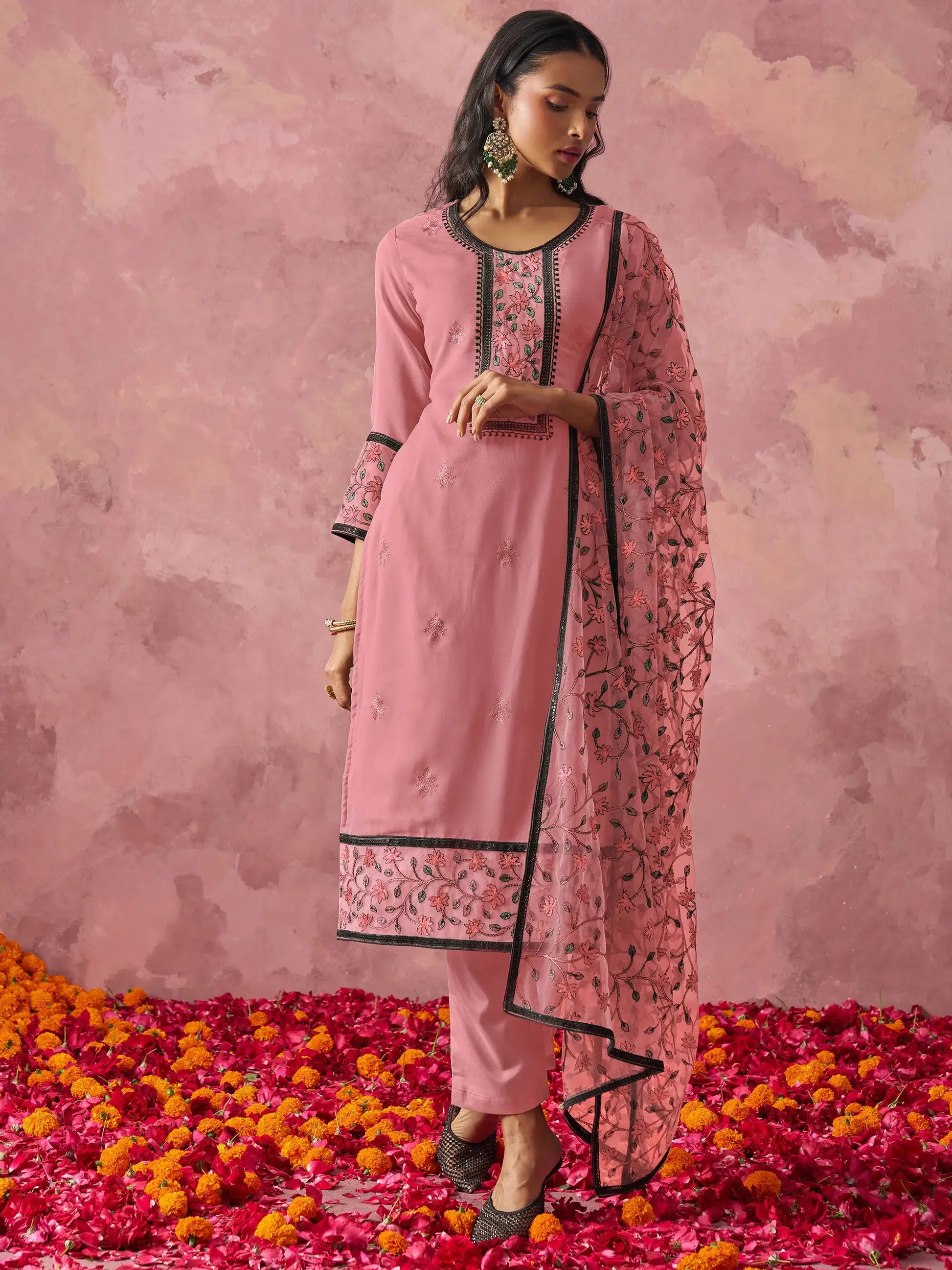 Lovable Pink Thread Work Georgette Casual Wear Pant Suit With Dupatta - Zeel Clothing