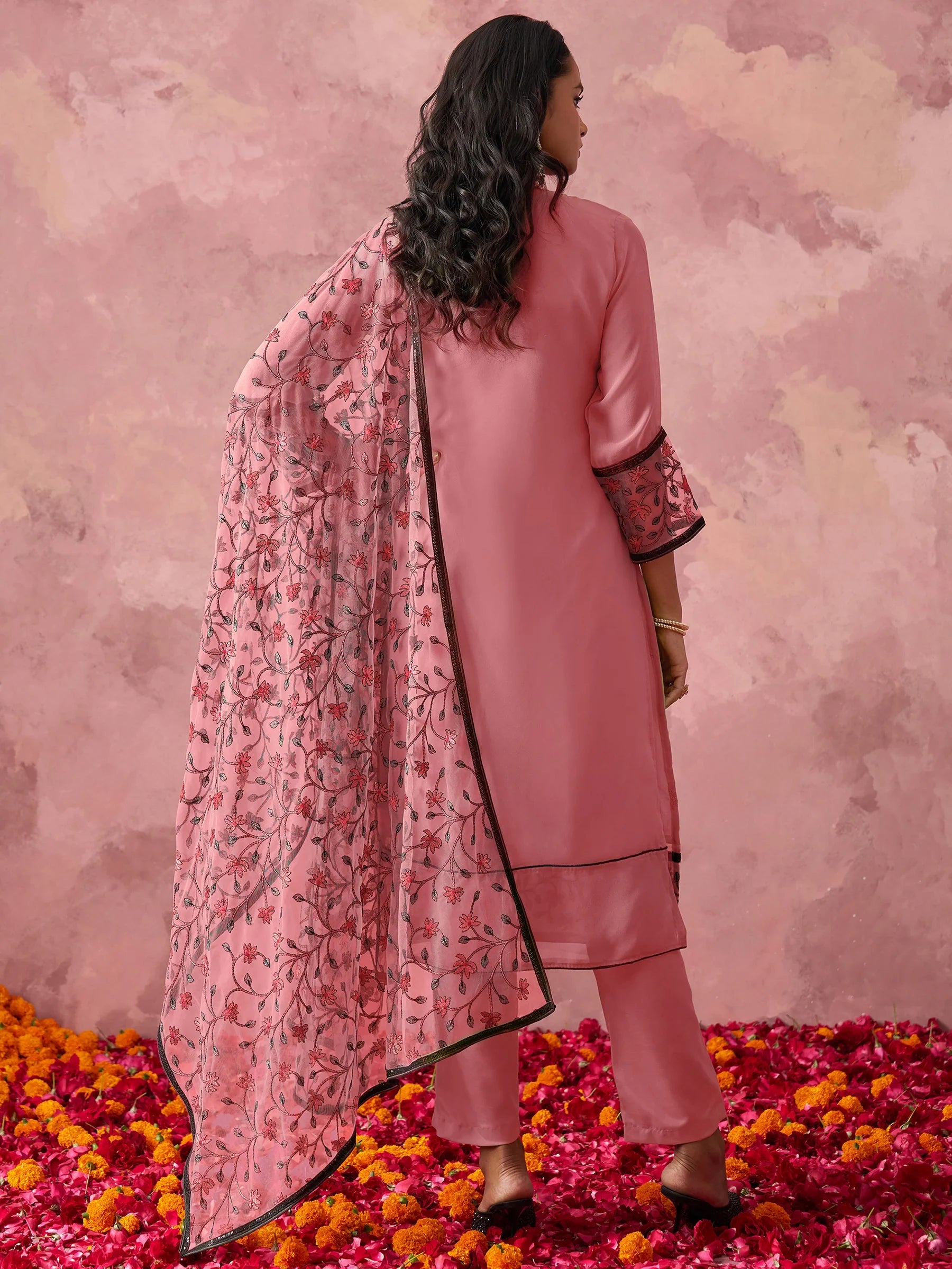 Lovable Pink Thread Work Georgette Casual Wear Pant Suit With Dupatta - Zeel Clothing