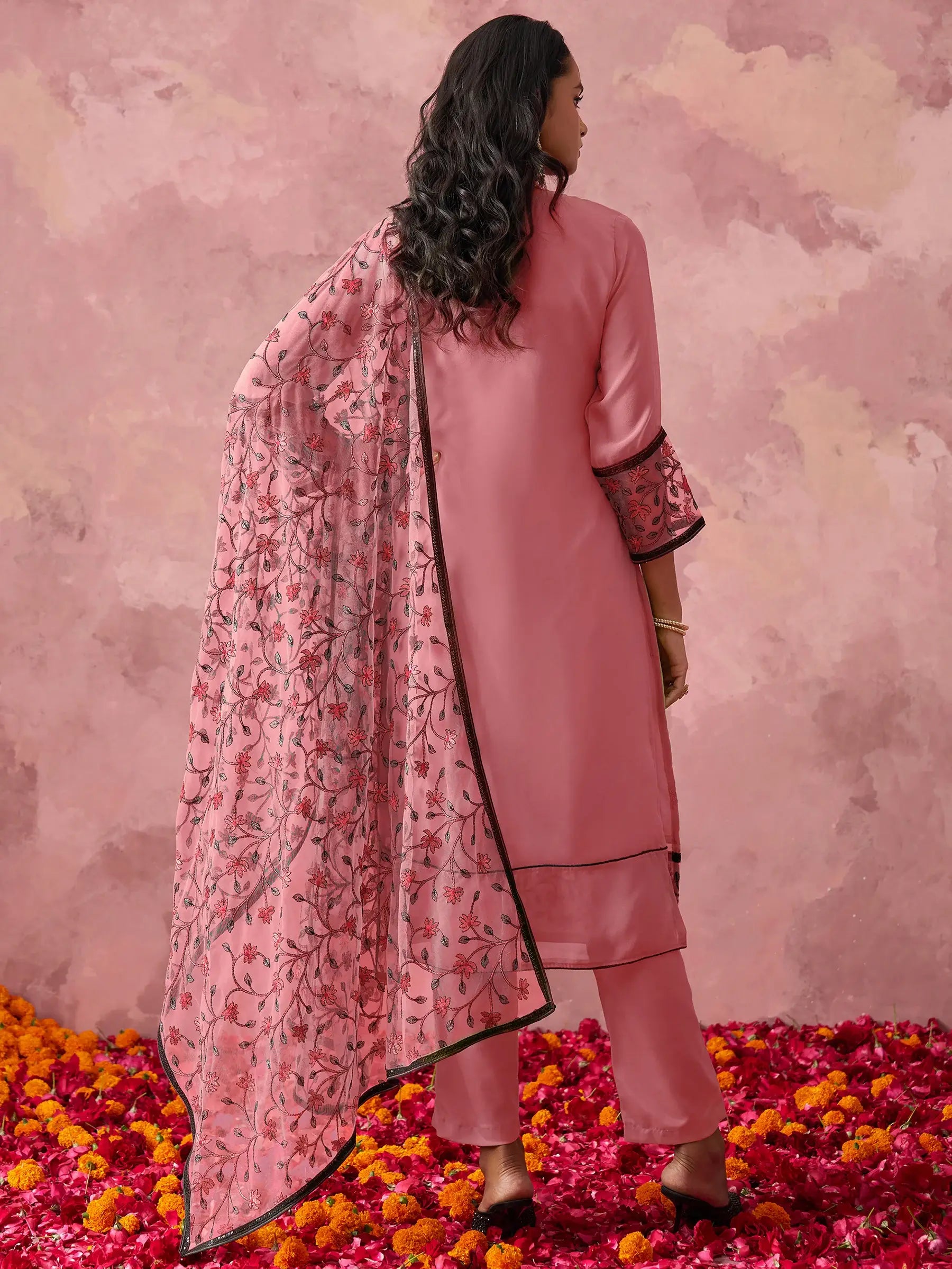Lovable Pink Thread Work Georgette Casual Wear Pant Suit With Dupatta - Zeel Clothing