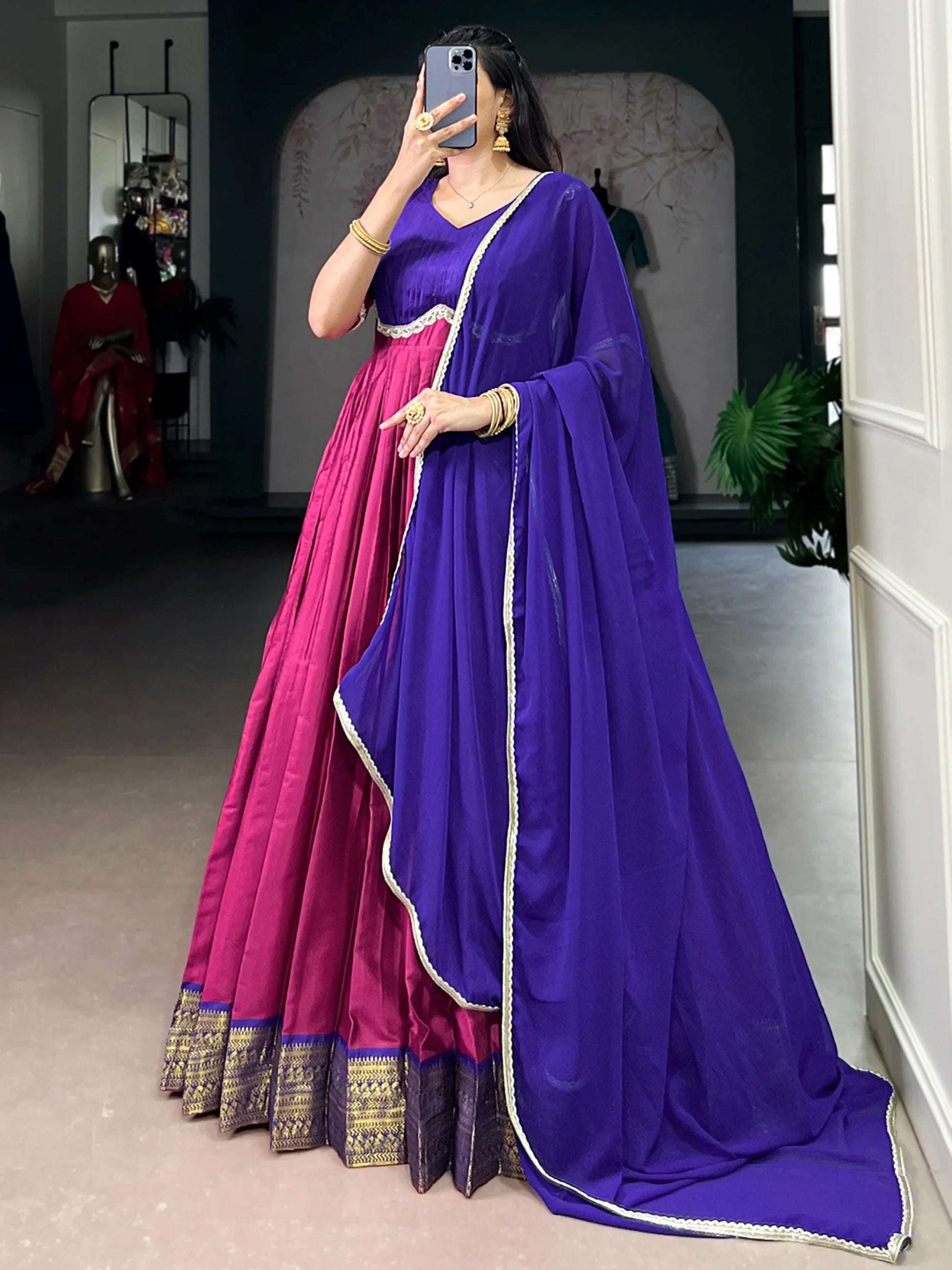 Lovable Pink Zari Weaving Border Silk Traditional Gown With Dupatta
