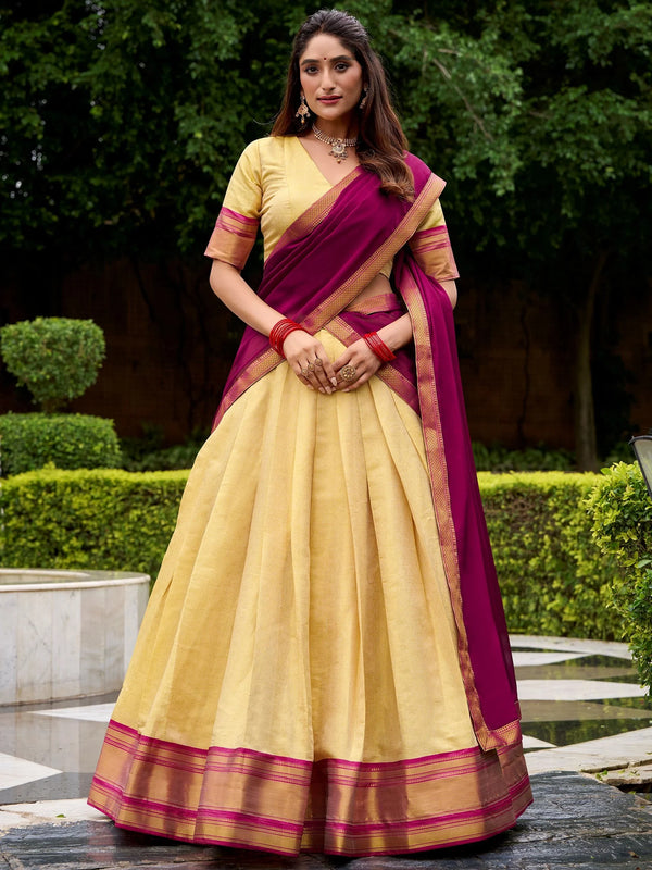 Lovable Pink Zari Weaving Kanjivaram Wedding Wear Half Saree Lehenga