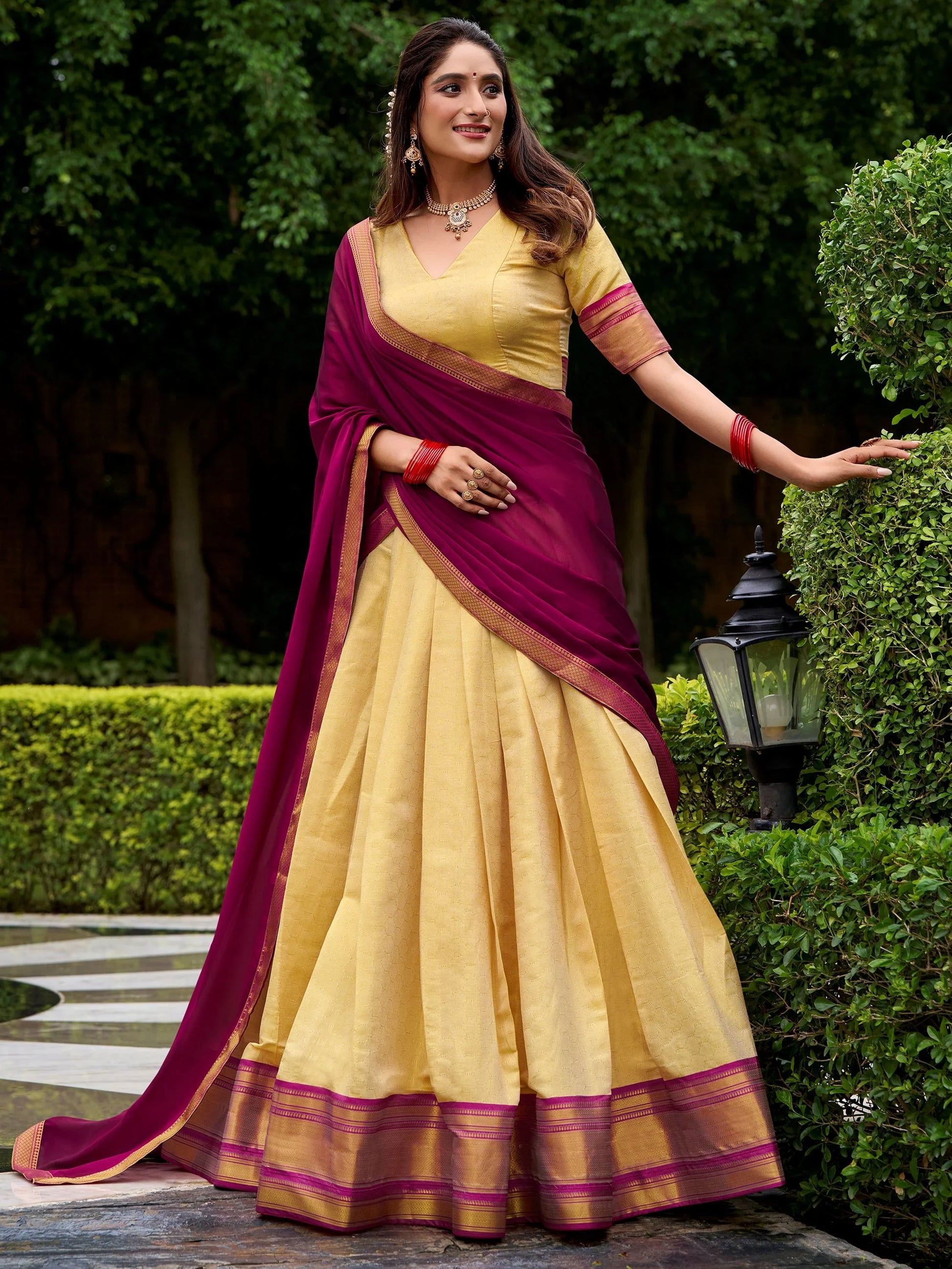 Lovable Pink Zari Weaving Kanjivaram Wedding Wear Half Saree Lehenga