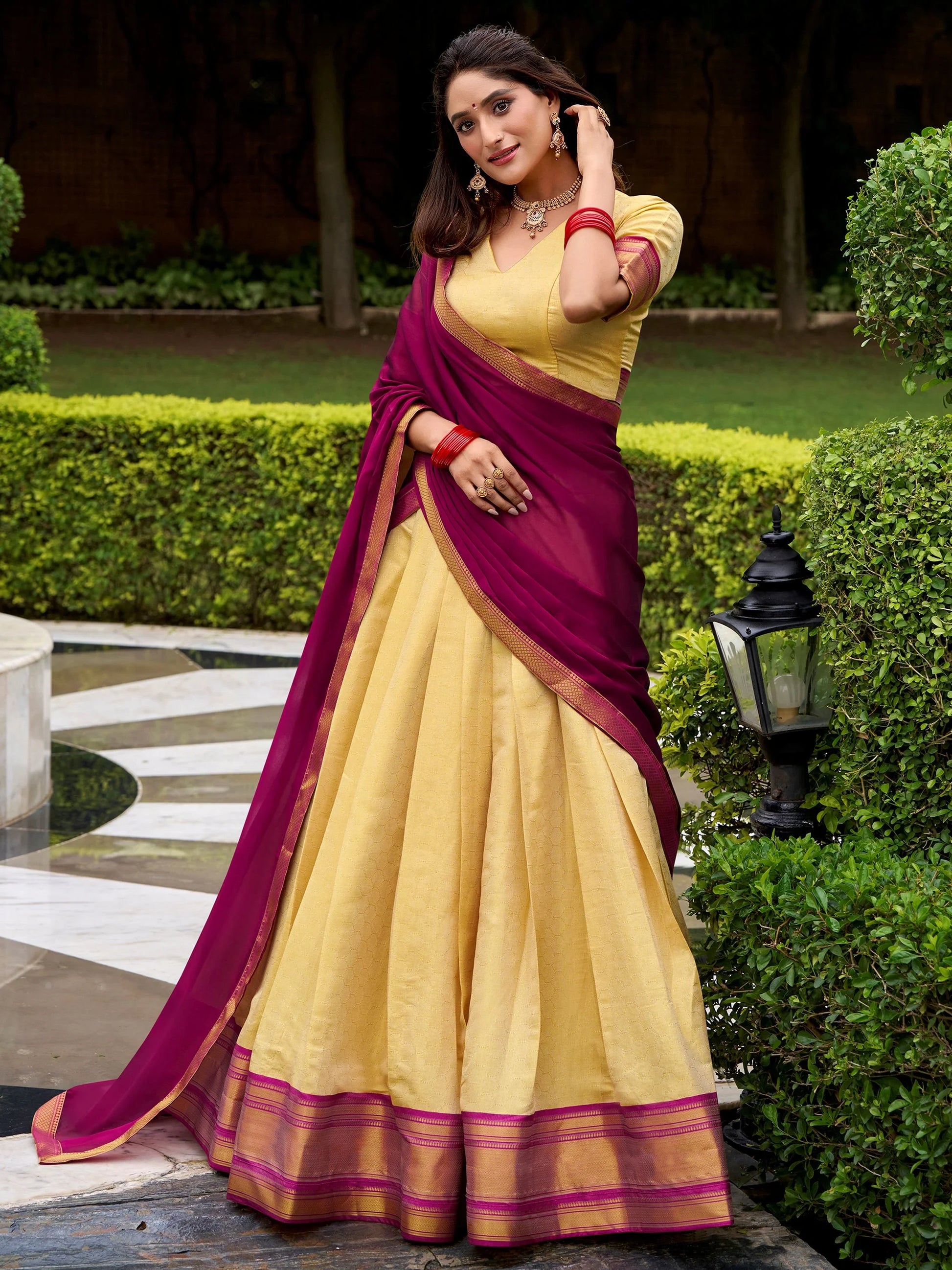 Lovable Pink Zari Weaving Kanjivaram Wedding Wear Half Saree Lehenga