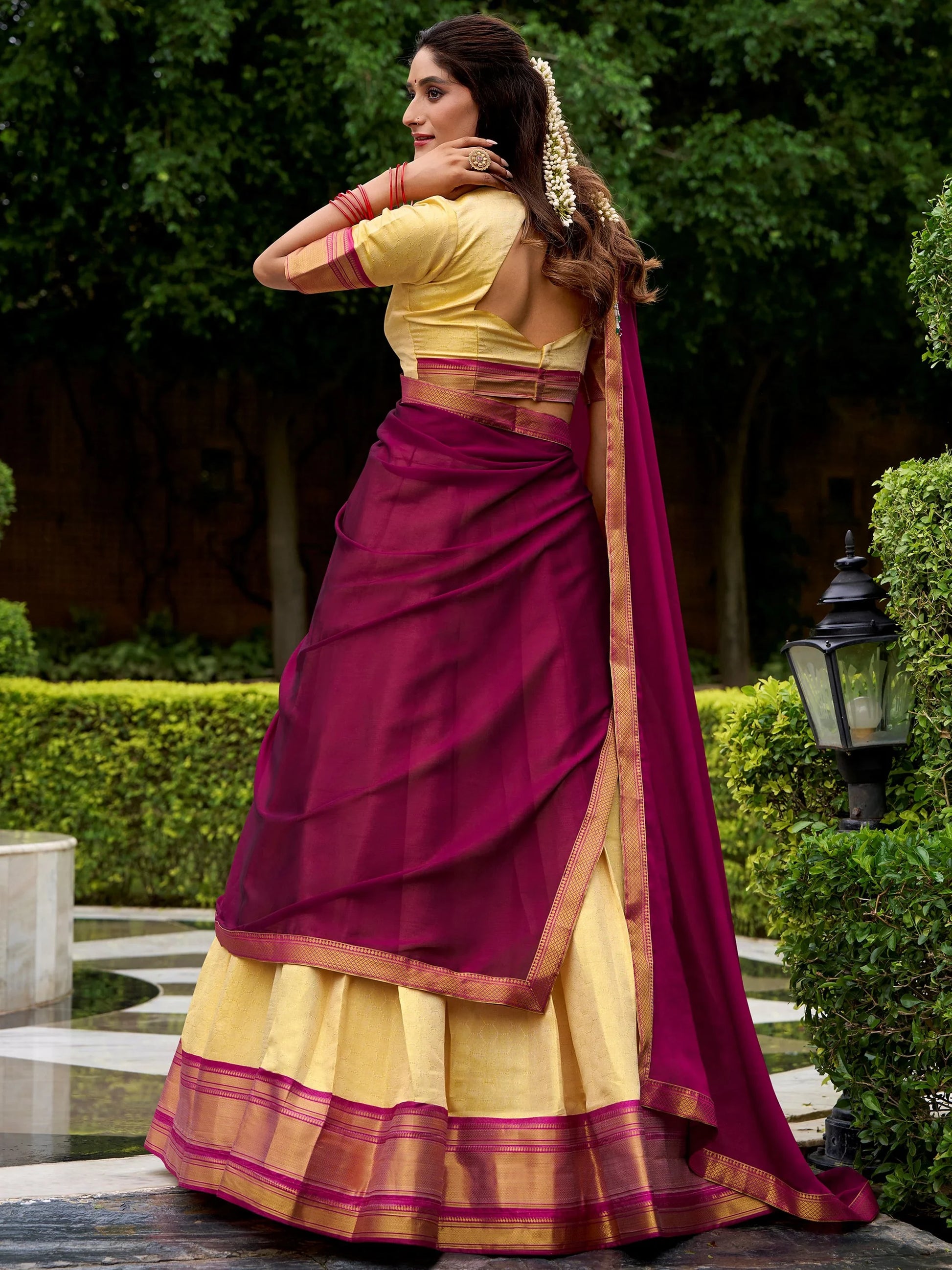 Lovable Pink Zari Weaving Kanjivaram Wedding Wear Half Saree Lehenga