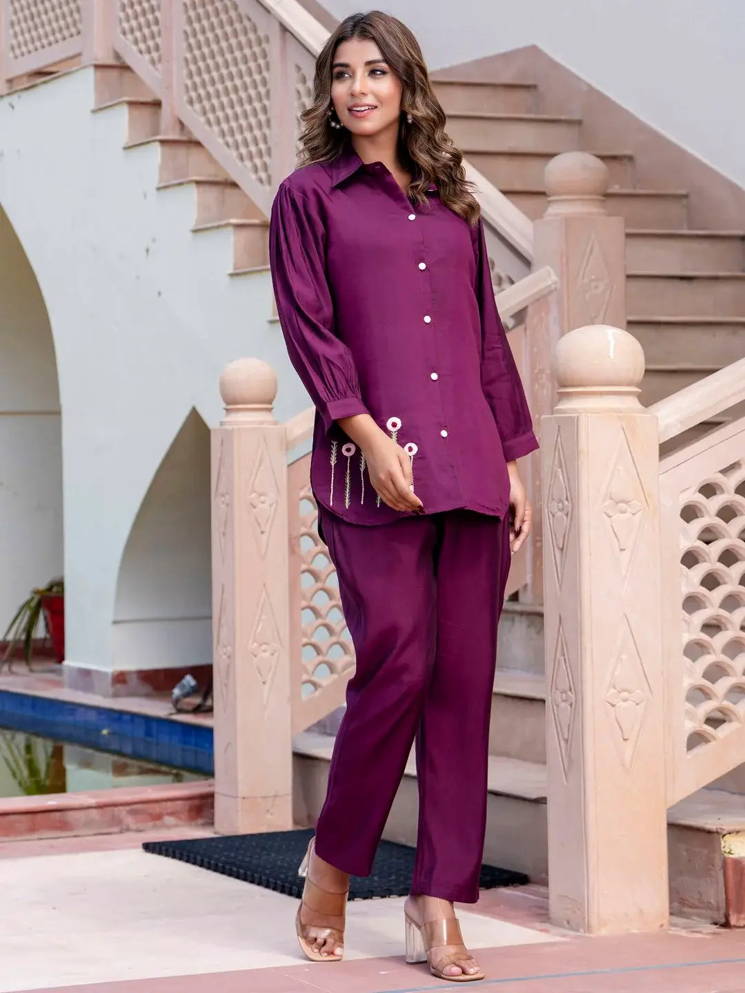 Lovable Purple Hand Work Silk Event Wear Top Pant Co-Ord Set - Zeel Clothing