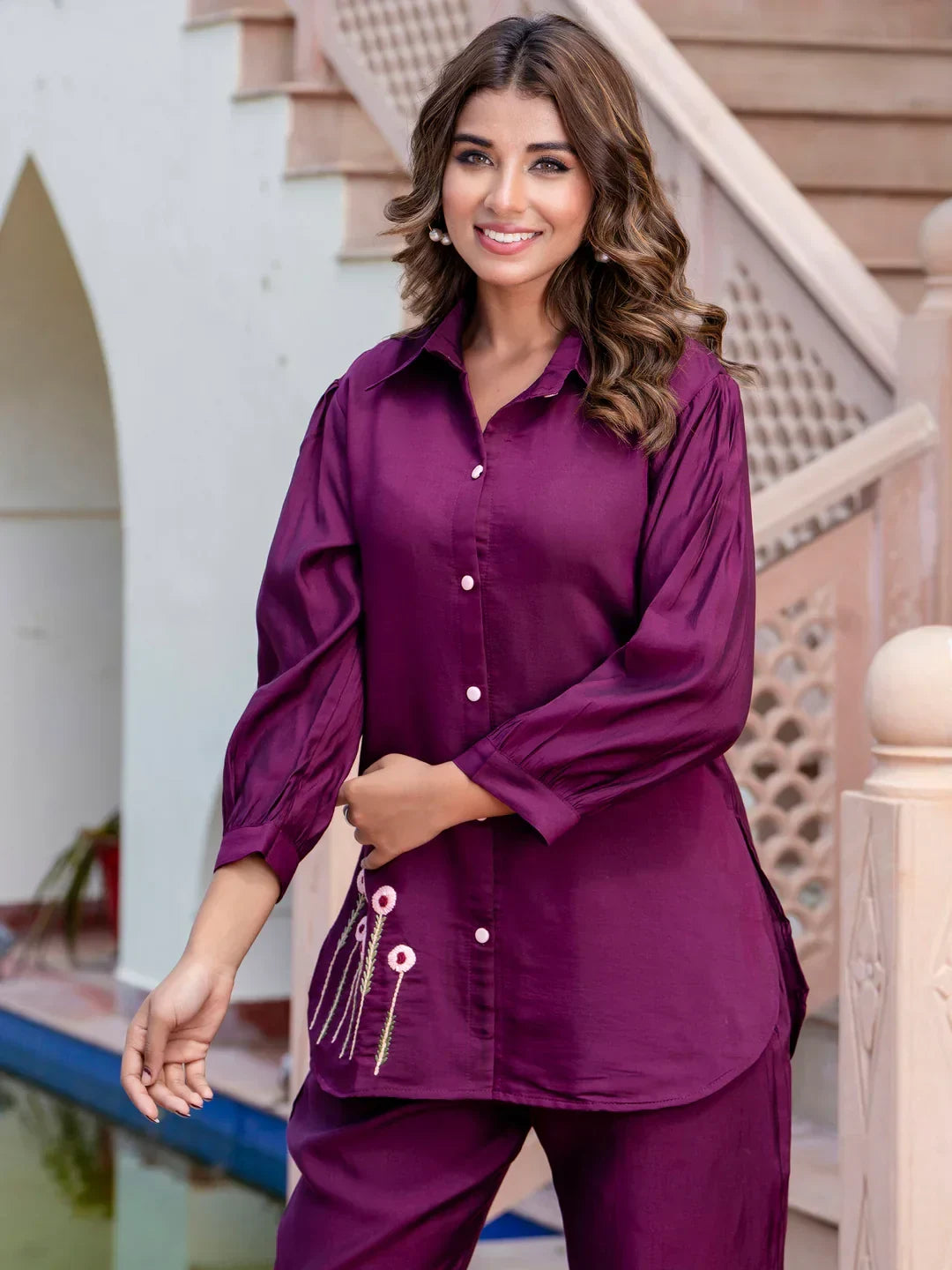 Lovable Purple Hand Work Silk Event Wear Top Pant Co-Ord Set - Zeel Clothing