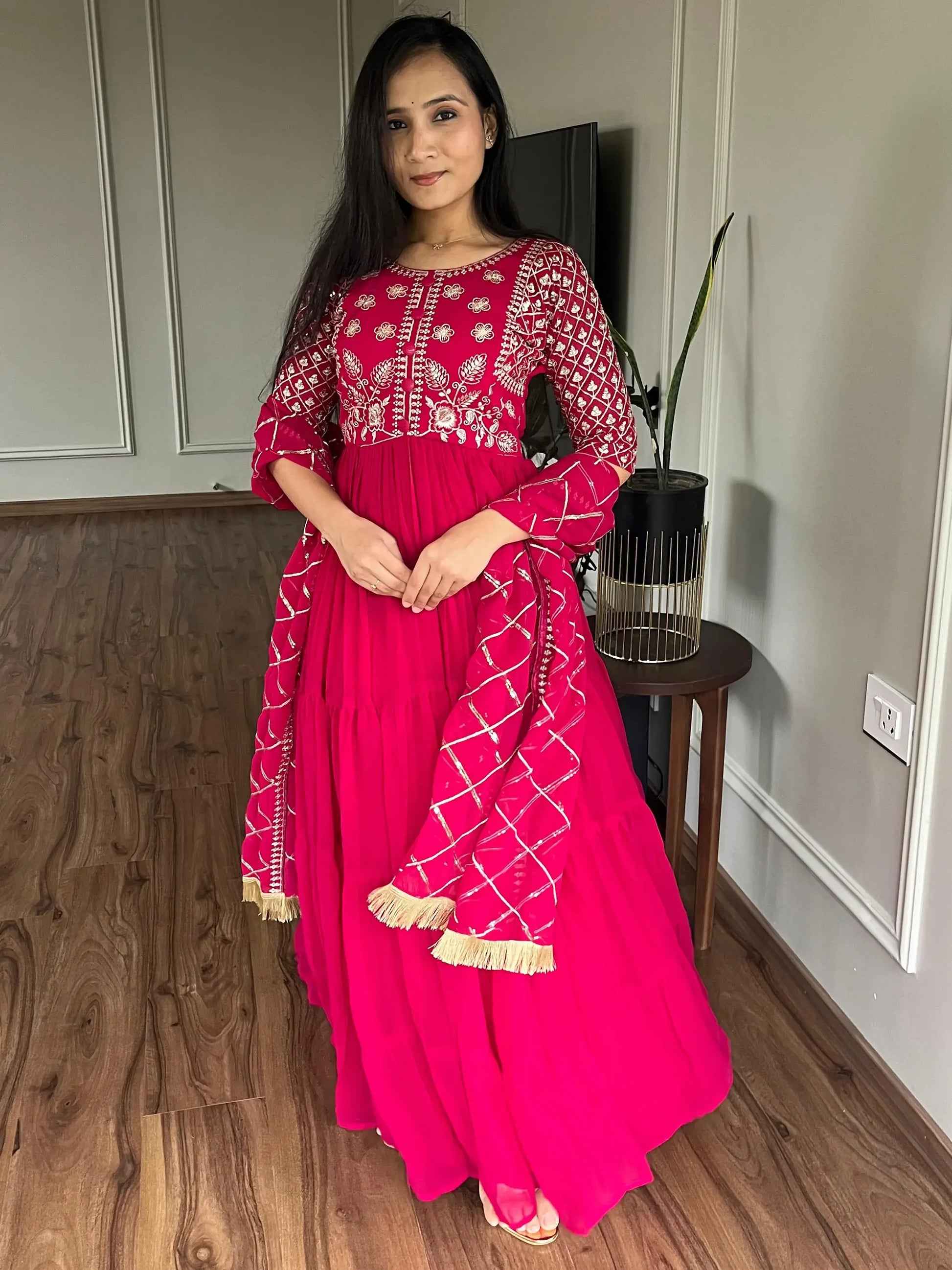 Lovable Rani Pink Embroidered Georgette Festival Wear Gown - Zeel Clothing