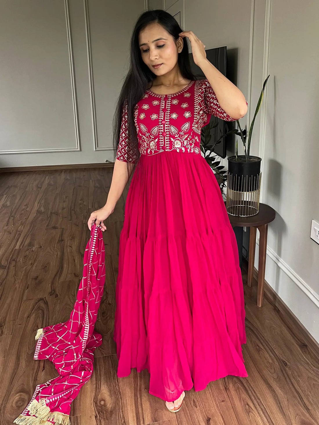 Lovable Rani Pink Embroidered Georgette Festival Wear Gown - Zeel Clothing