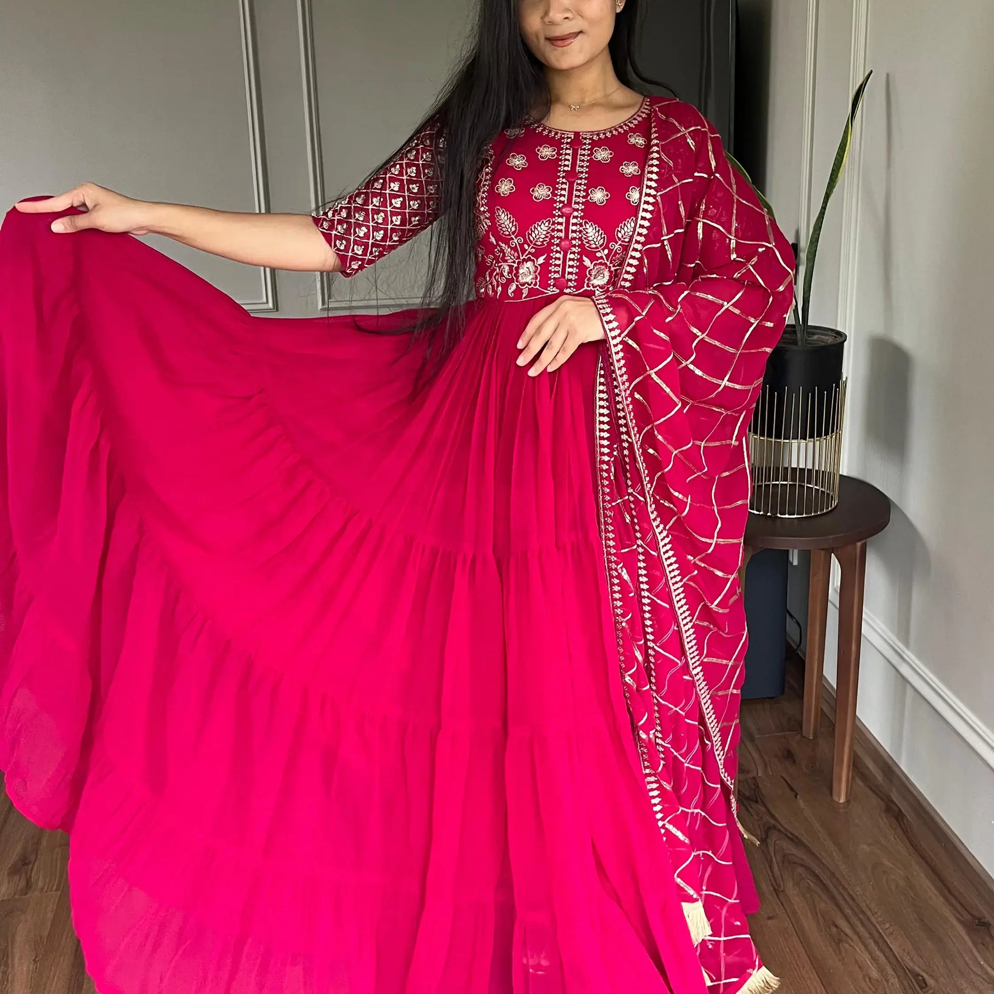 Lovable Rani Pink Embroidered Georgette Festival Wear Gown - Zeel Clothing