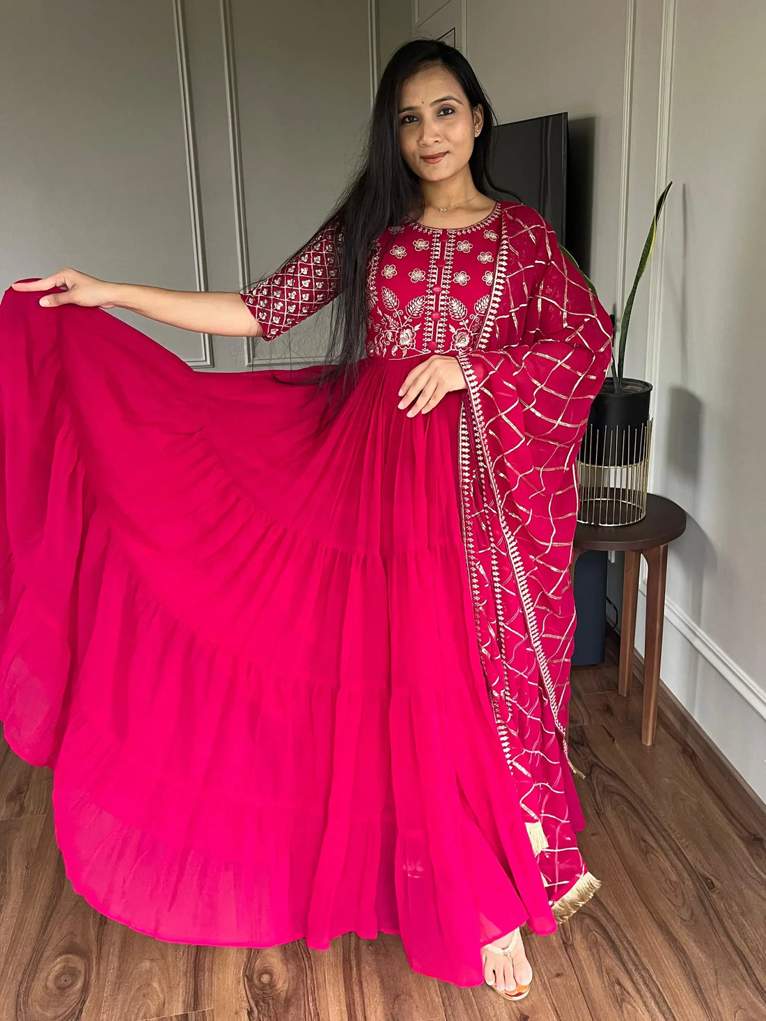 Lovable Rani Pink Embroidered Georgette Festival Wear Gown - Zeel Clothing