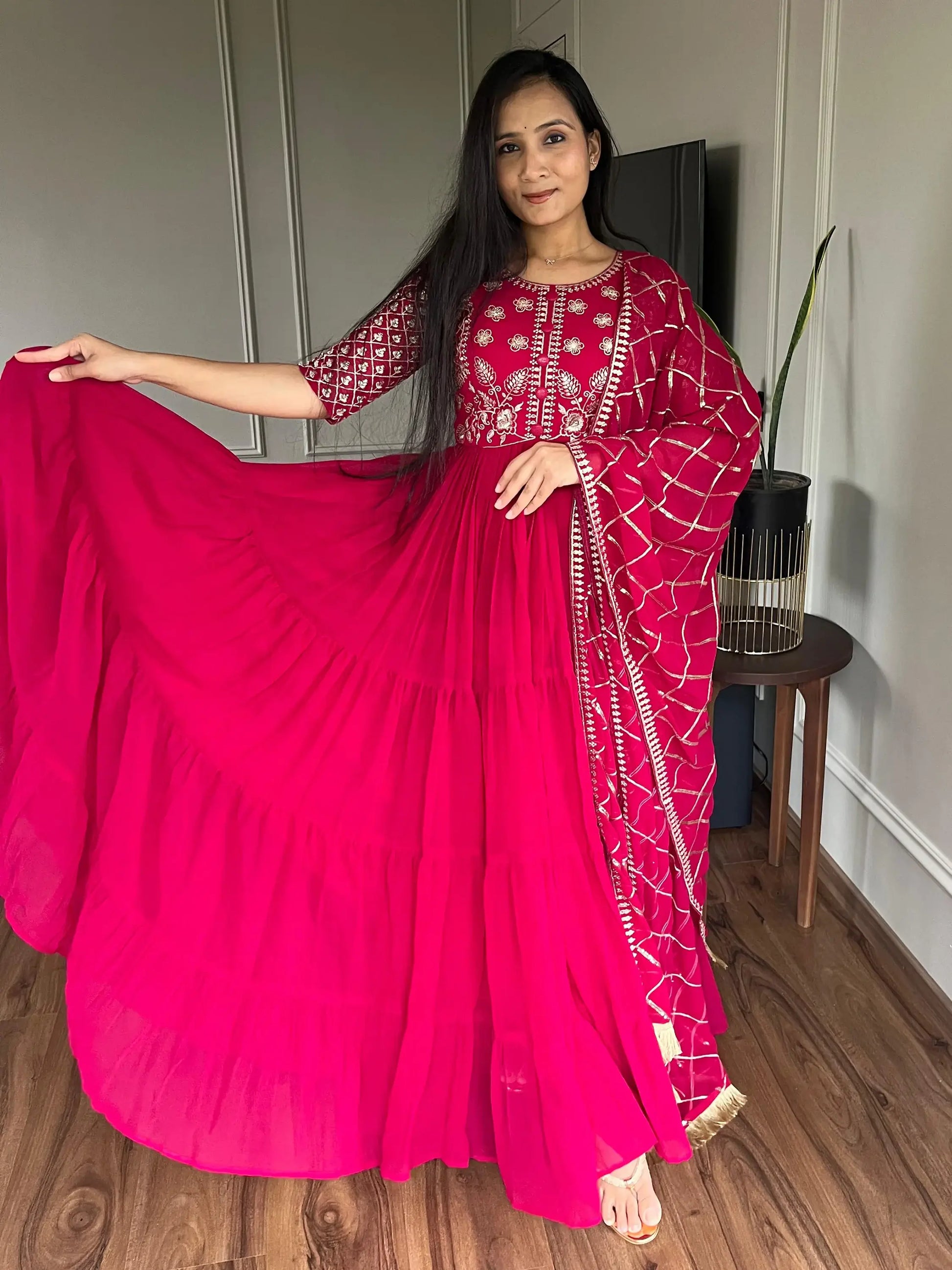 Lovable Rani Pink Embroidered Georgette Festival Wear Gown - Zeel Clothing