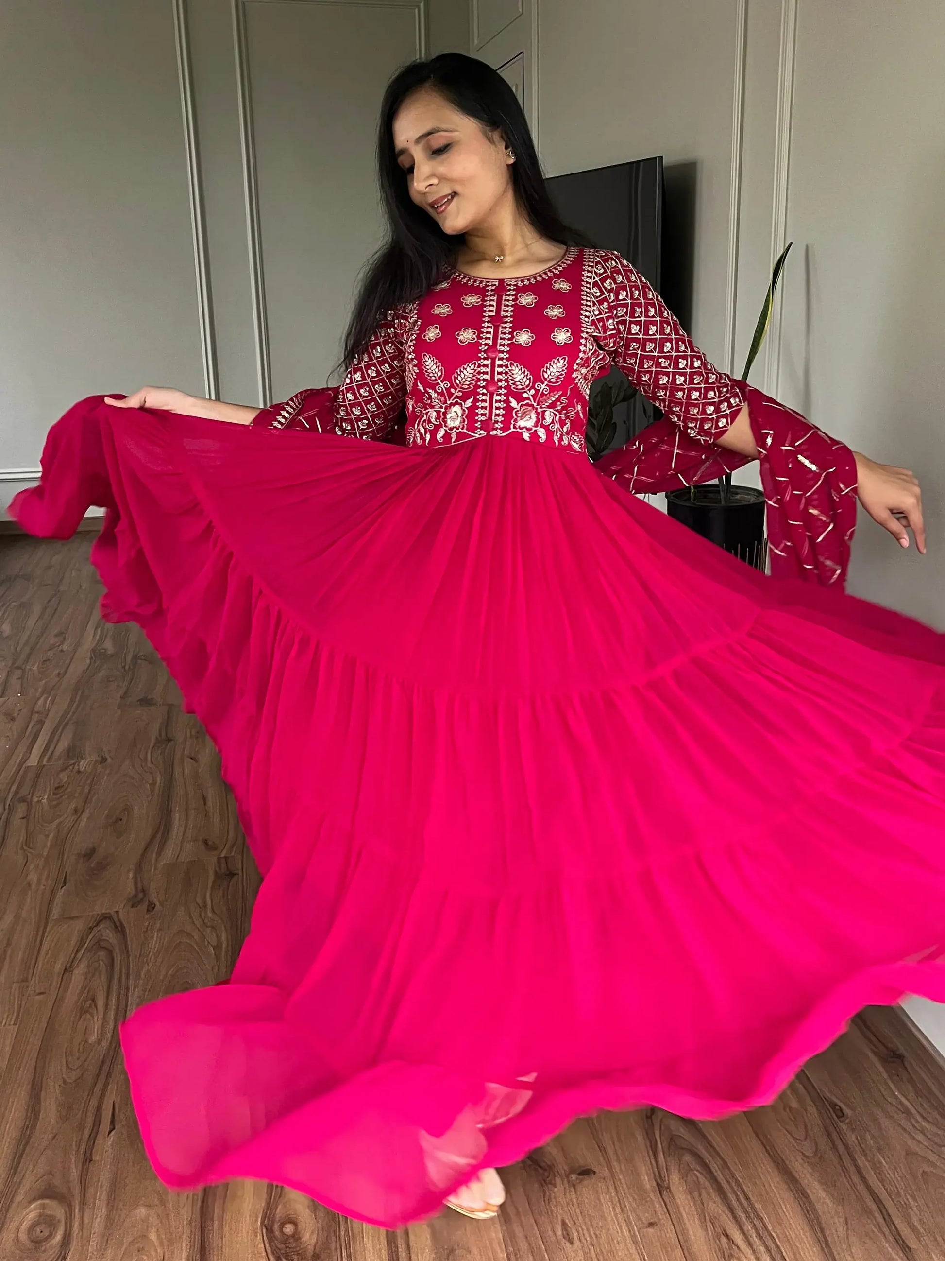 Lovable Rani Pink Embroidered Georgette Festival Wear Gown - Zeel Clothing