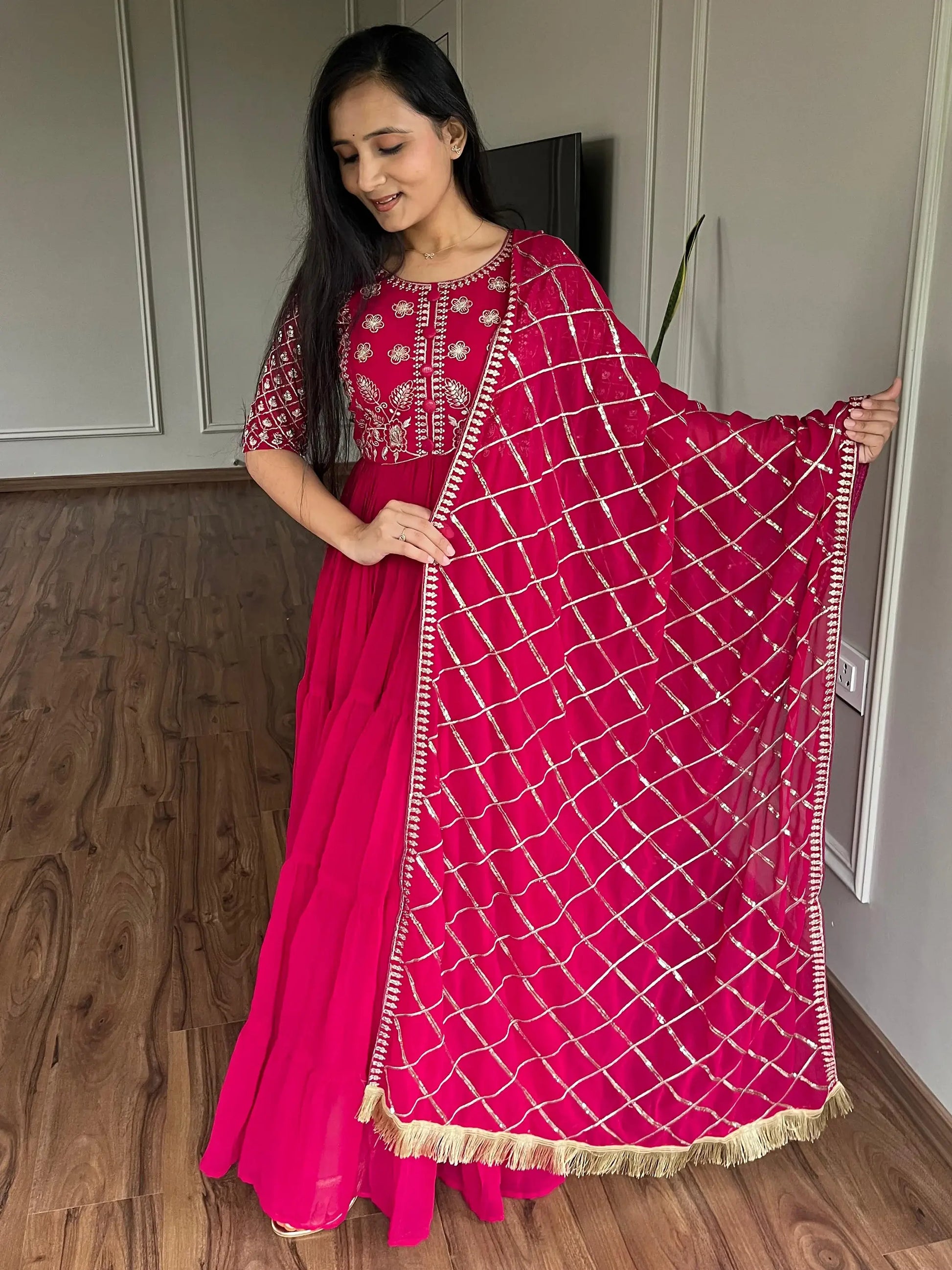 Lovable Rani Pink Embroidered Georgette Festival Wear Gown - Zeel Clothing