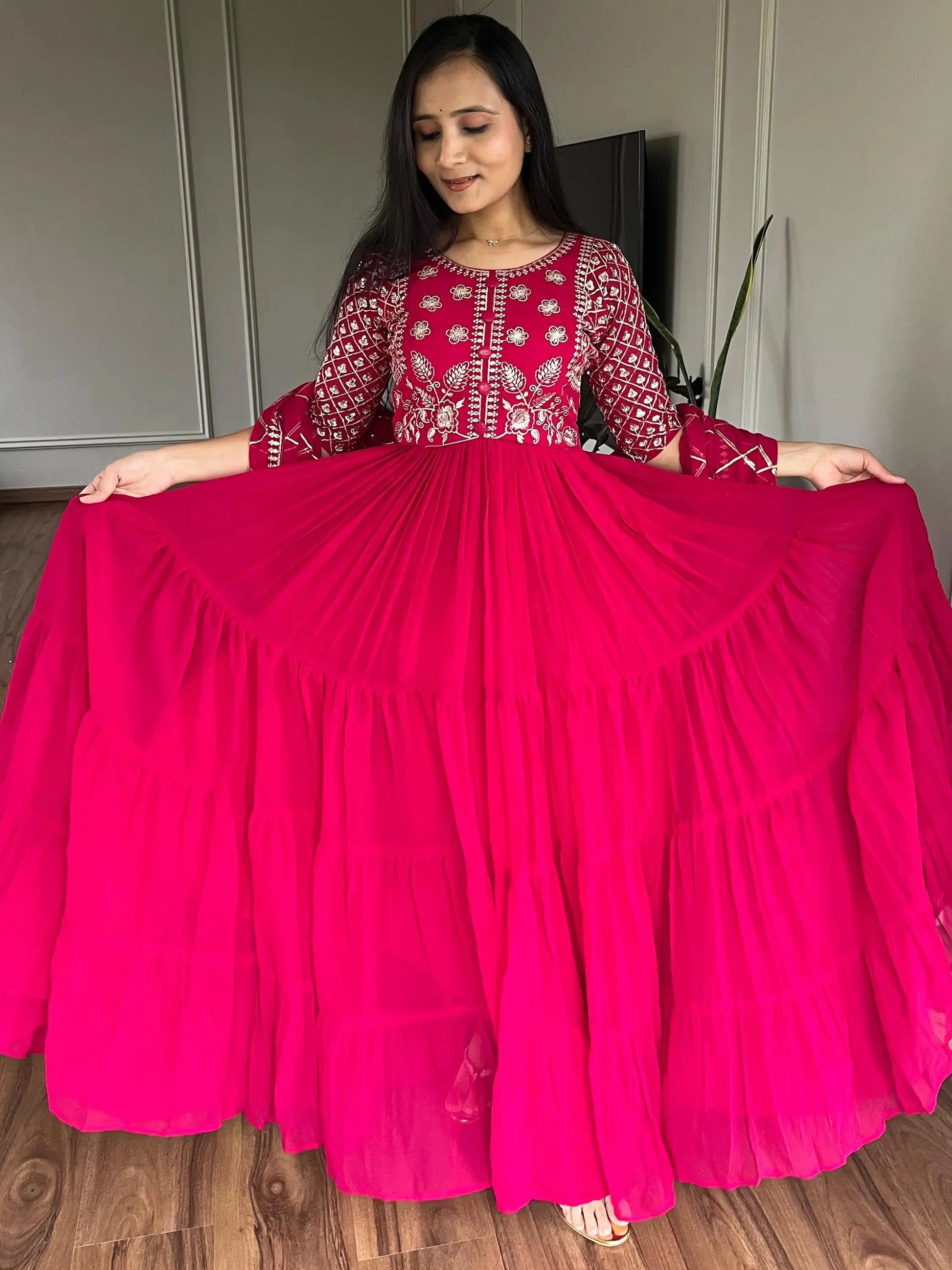 Lovable Rani Pink Embroidered Georgette Festival Wear Gown - Zeel Clothing
