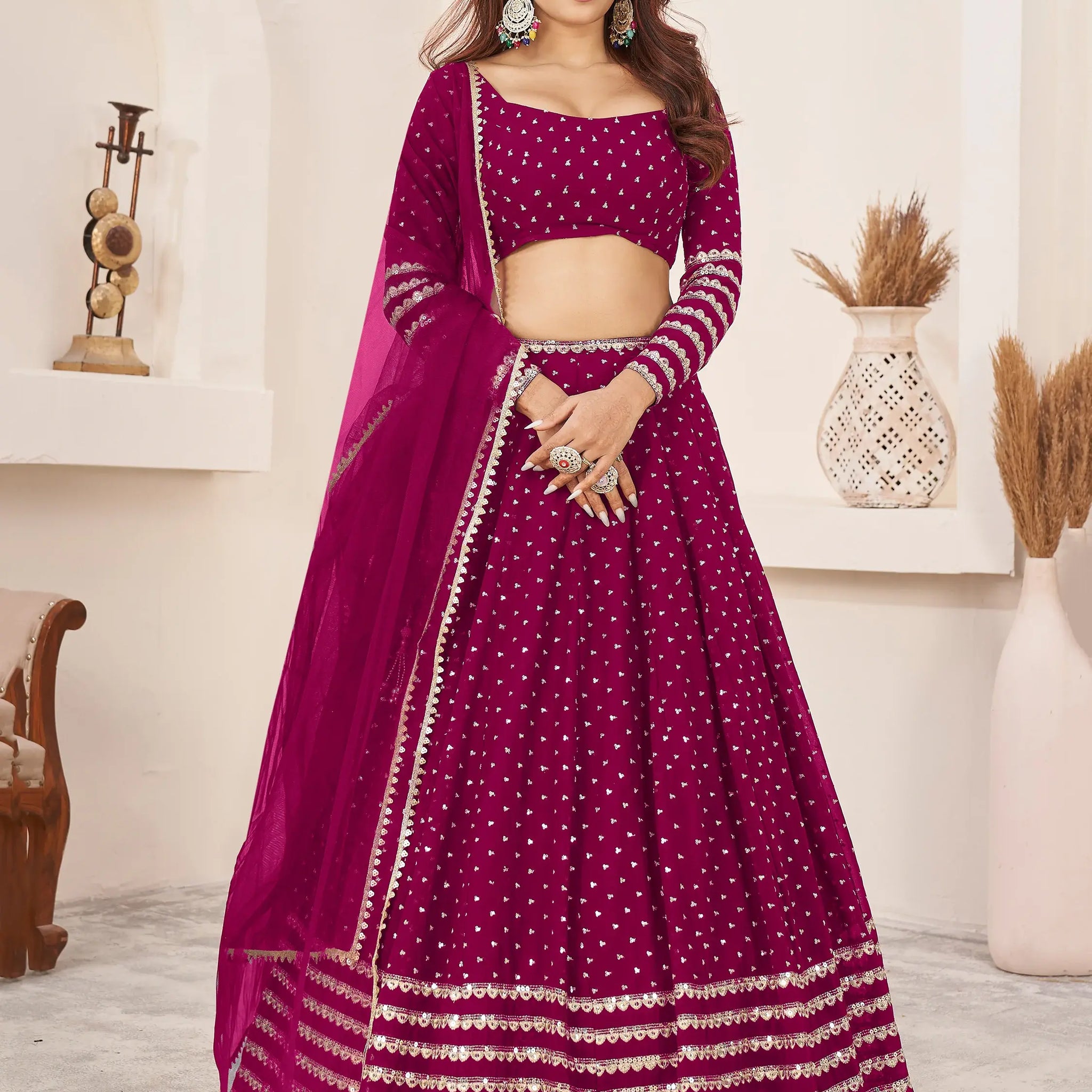 Lovable Rani Pink Sequins Georgette Wedding Wear Lehenga Choli - Zeel Clothing
