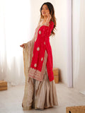 Lovable Red Coding Work Chinon Wedding Wear Sharara Suit With Dupatta