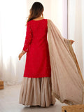 Lovable Red Coding Work Chinon Wedding Wear Sharara Suit With Dupatta