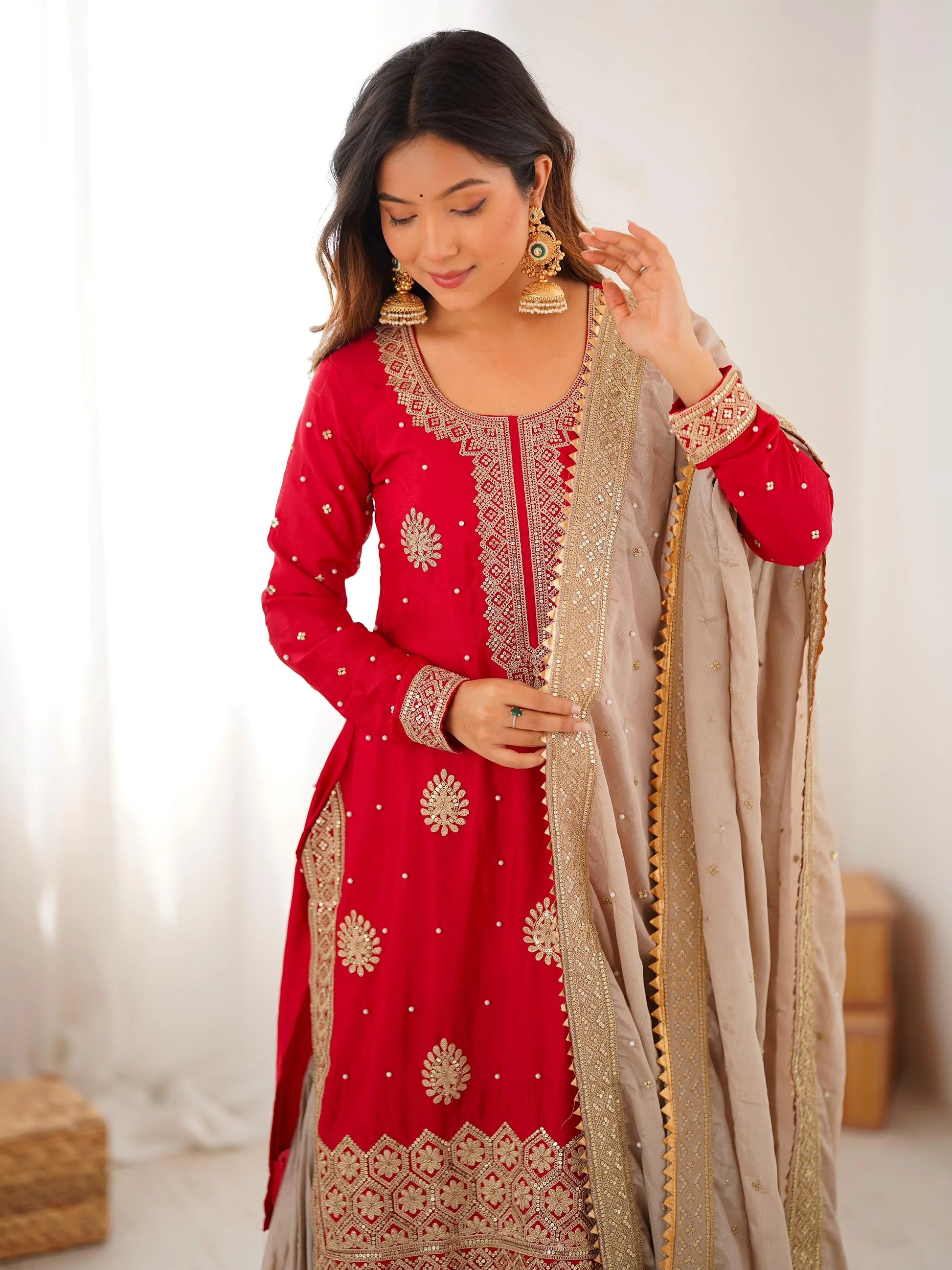 Lovable Red Coding Work Chinon Wedding Wear Sharara Suit With Dupatta