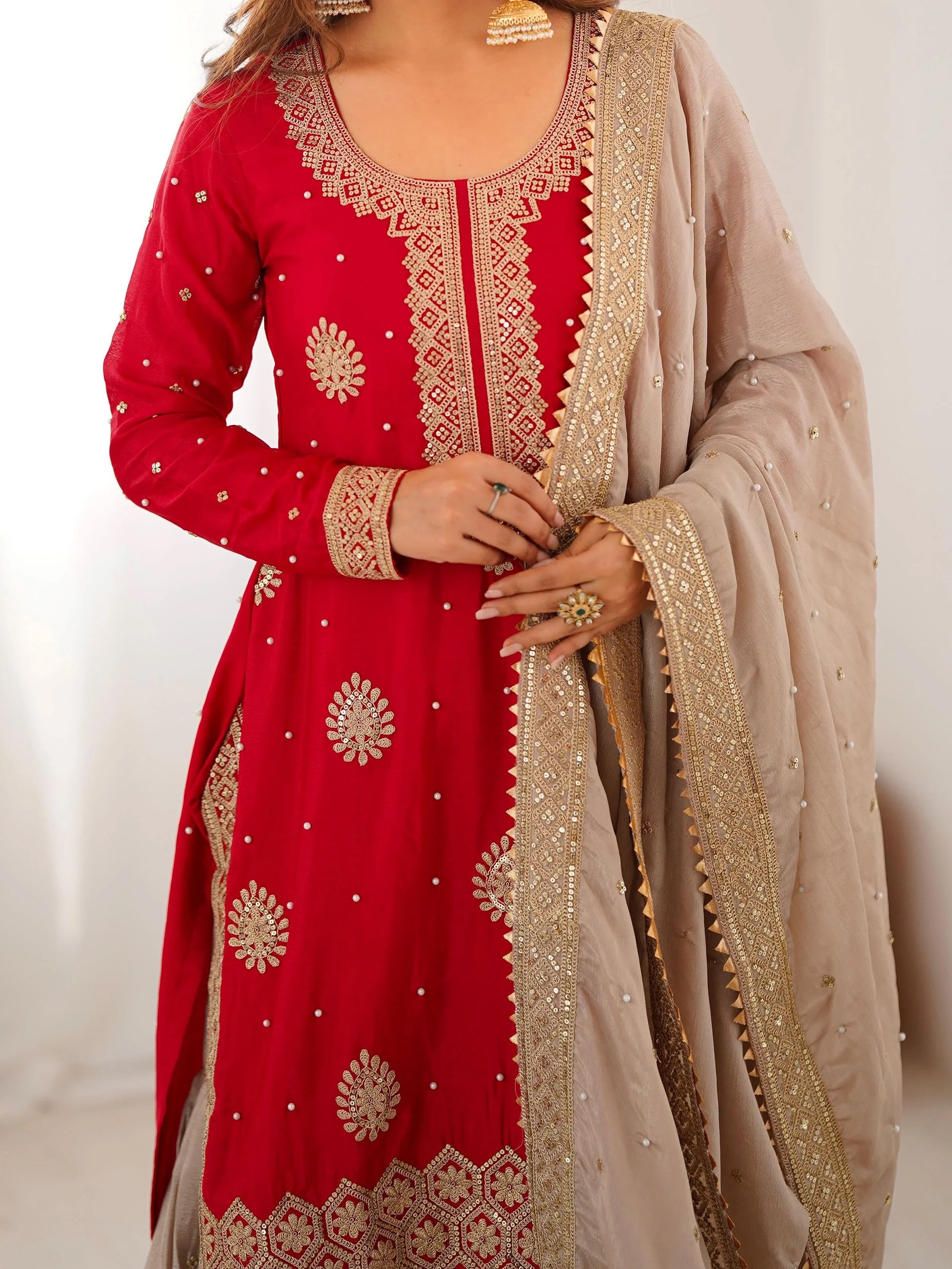 Lovable Red Coding Work Chinon Wedding Wear Sharara Suit With Dupatta