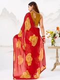 Lovable Red Floral Printed Chiffon Marriage Wear Saree With Blouse