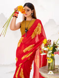 Lovable Red Floral Printed Chiffon Marriage Wear Saree With Blouse