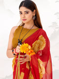 Lovable Red Floral Printed Chiffon Marriage Wear Saree With Blouse
