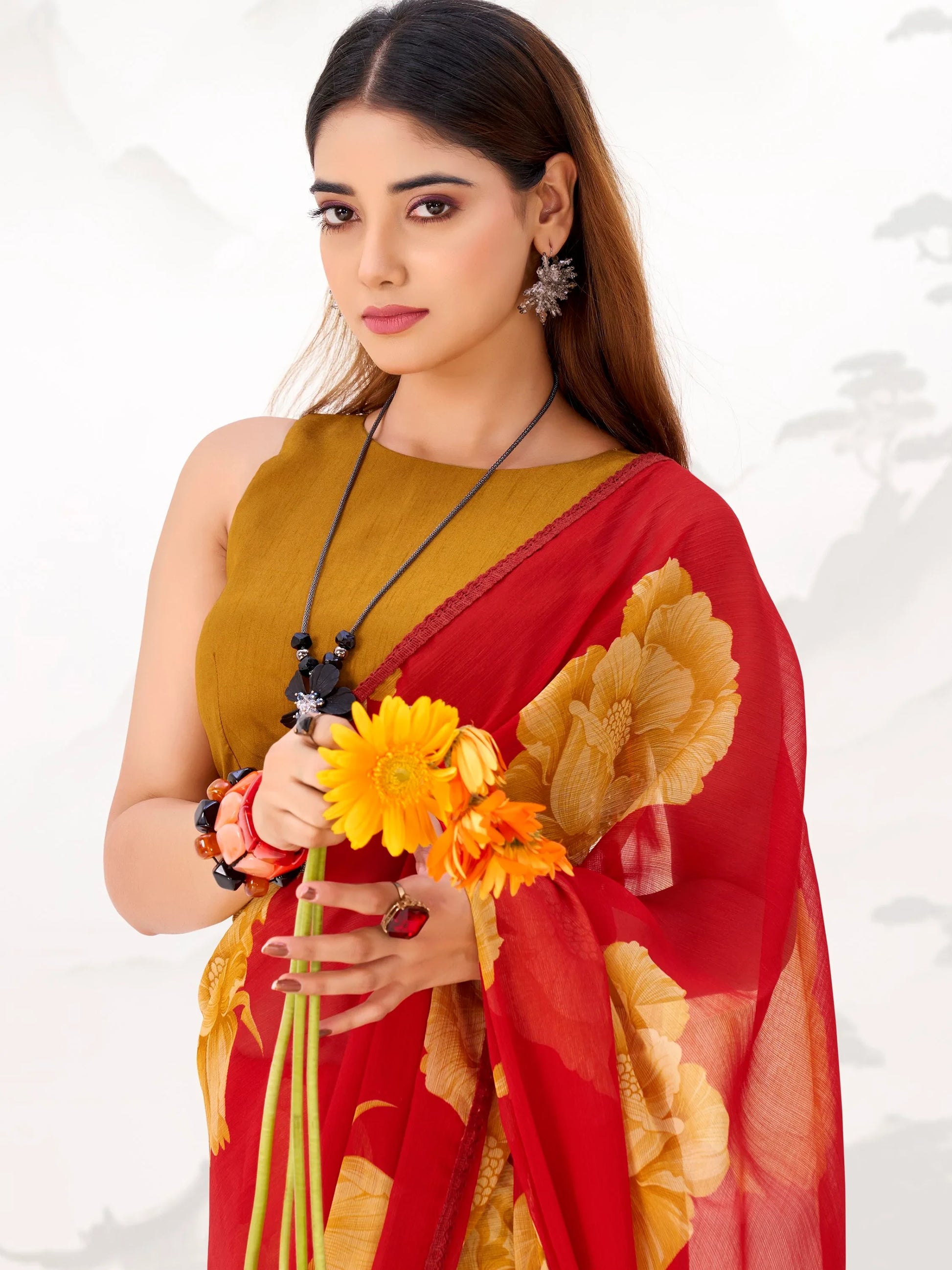 Lovable Red Floral Printed Chiffon Marriage Wear Saree With Blouse