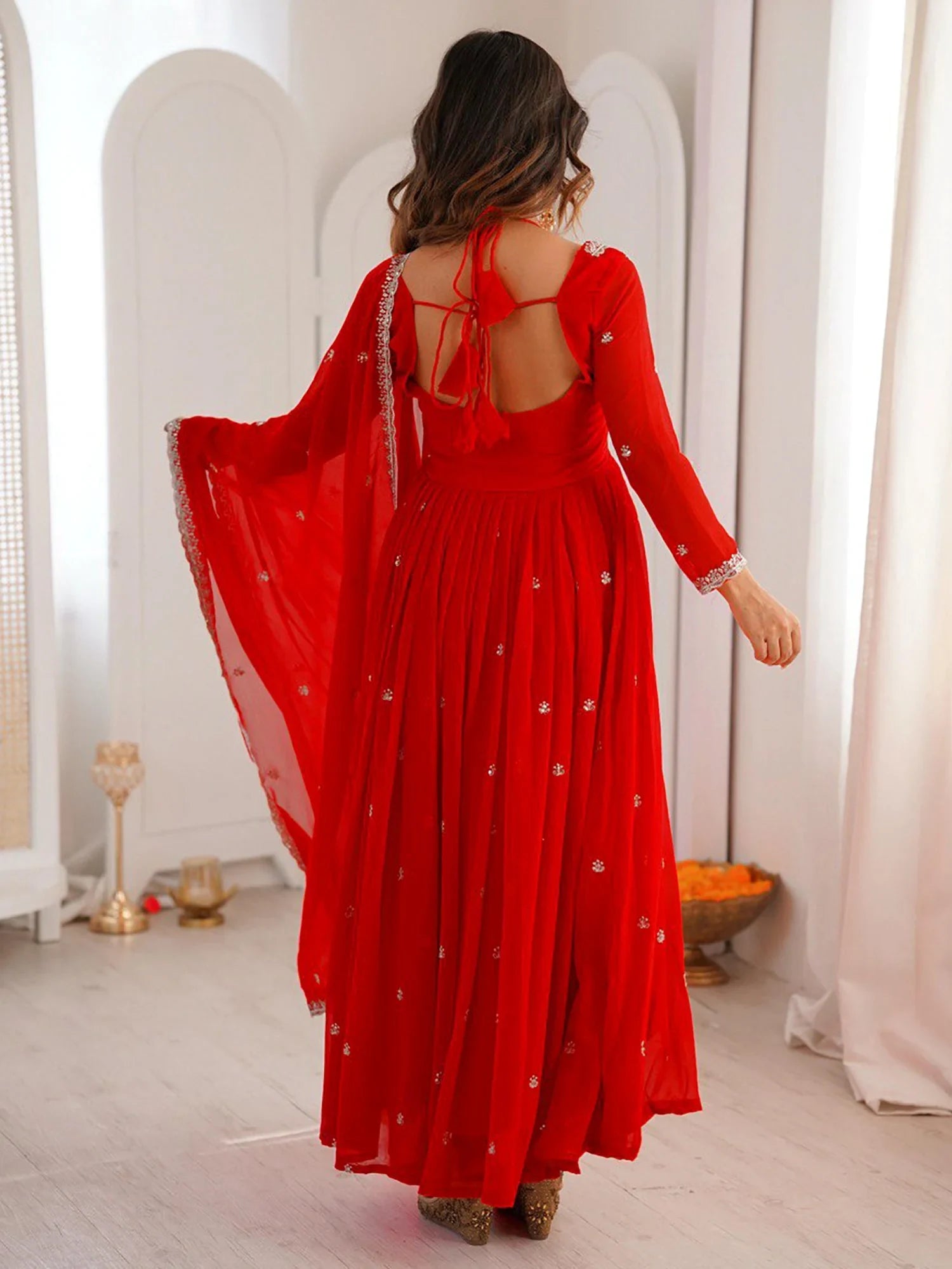 Lovable Red Sequins Georgette Engagement Wear Anarkali Gown With Dupatta