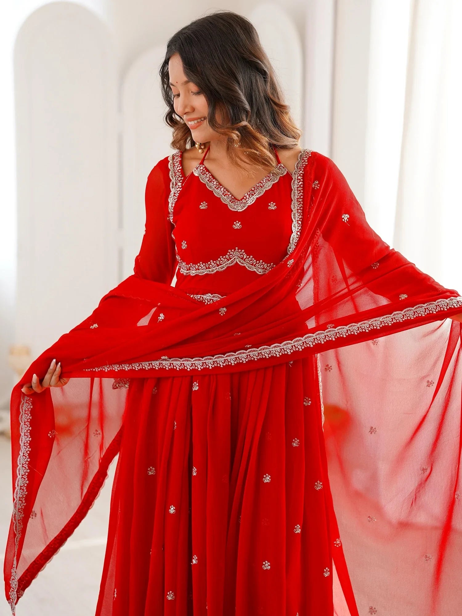 Lovable Red Sequins Georgette Engagement Wear Anarkali Gown With Dupatta