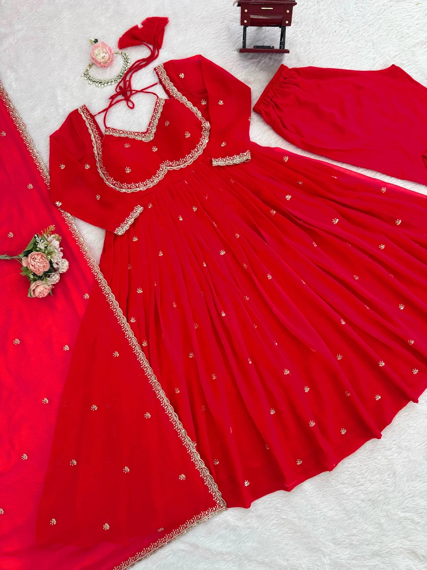 Lovable Red Sequins Georgette Engagement Wear Anarkali Gown With Dupatta